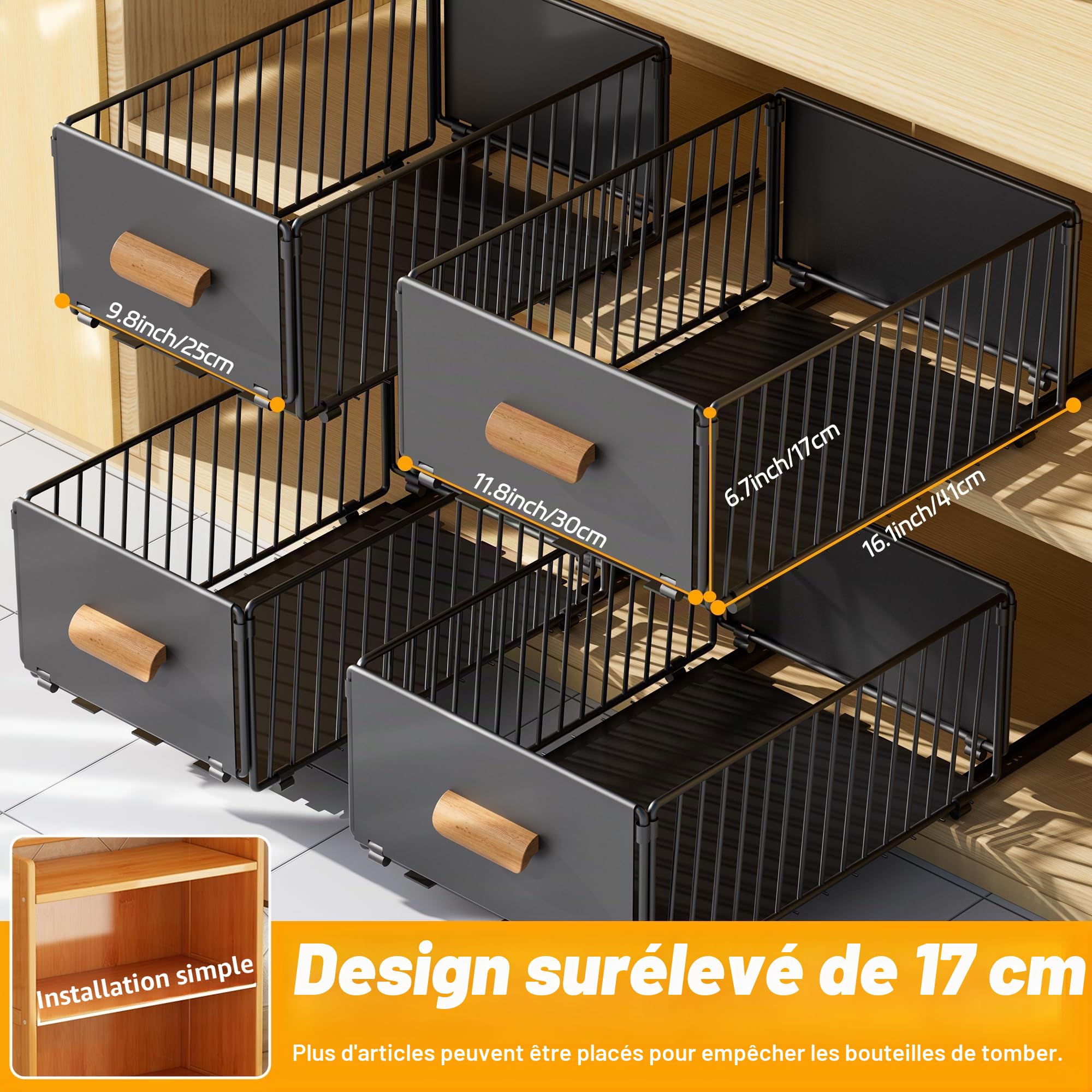 Paquet de 2 Tiroir Coulissant Cuisine Adhesif, Organisateur de Tiroirs | Bac Coulissant Placard Cuisine, Organisateur D'Armoires De Cuisine Pour Armoires de Cuisine, Aucun PerçAge ni Clouage Requis