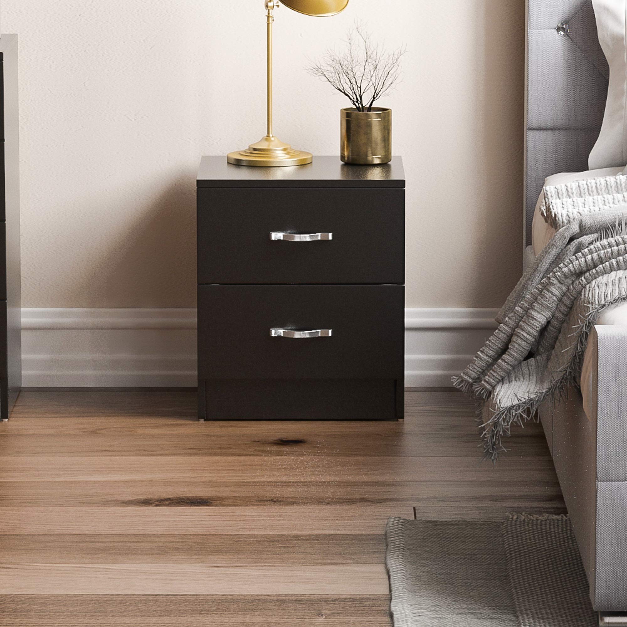 Vida Designs Black Bedside Drawer, Bedside 2 Drawer, Bedside Table, Metal Handles and