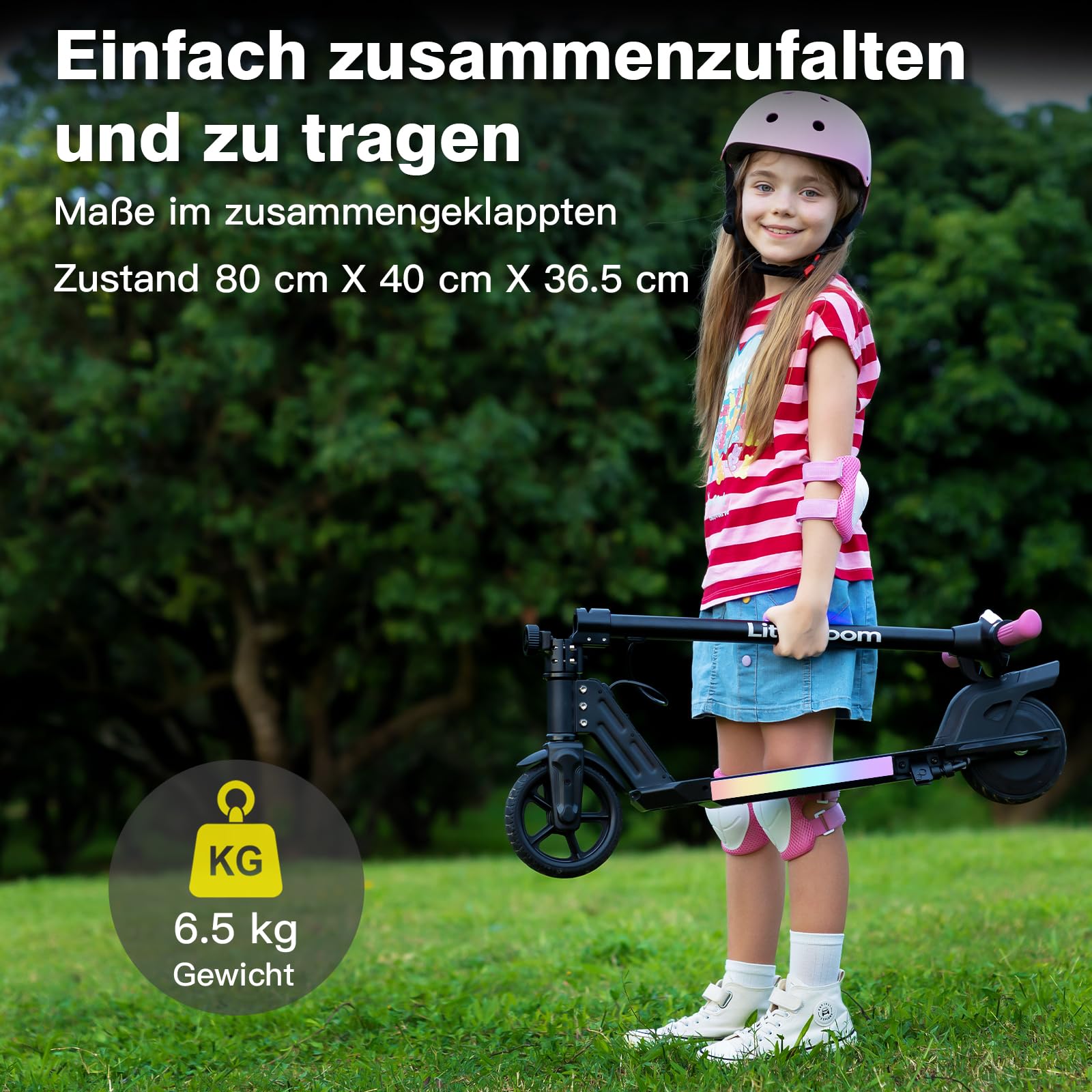 T1 E Scooter Kinder 6-12 Jahren, Bunte Regenbogenlichter, 5/10/15 km/h, 10KM Reichweite, LED-Anzeige, Faltbar, Elektroroller Faltbar für Kinder, Geschenk für Jugendliche