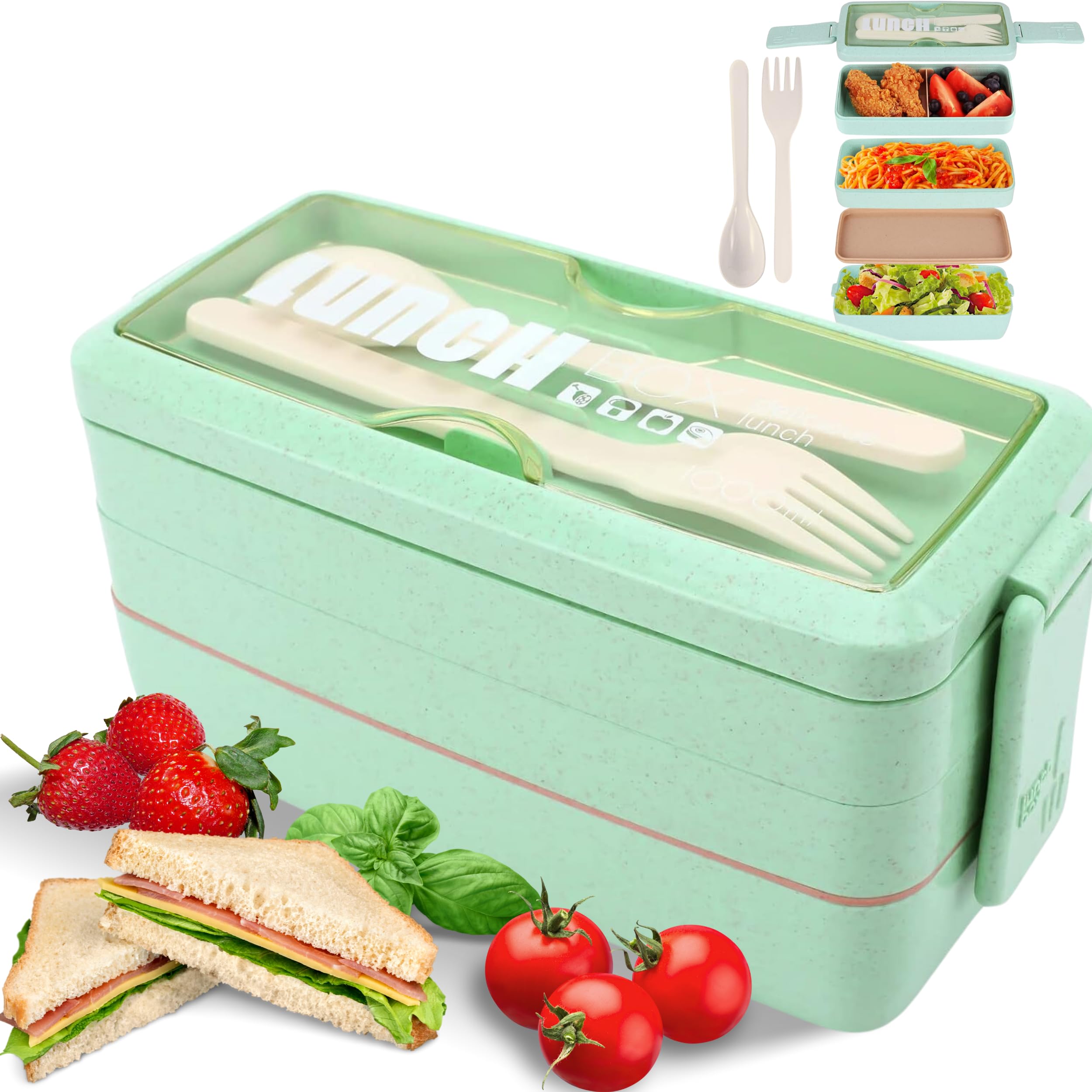 Senshi Japan Bento Box 1000ml (1 Litre) 3 Layer Stackable Meal Prep Lunch Box Leak Proof With Spoon & Fork, for Adults Kids Office Microwave Dishwasher Safe