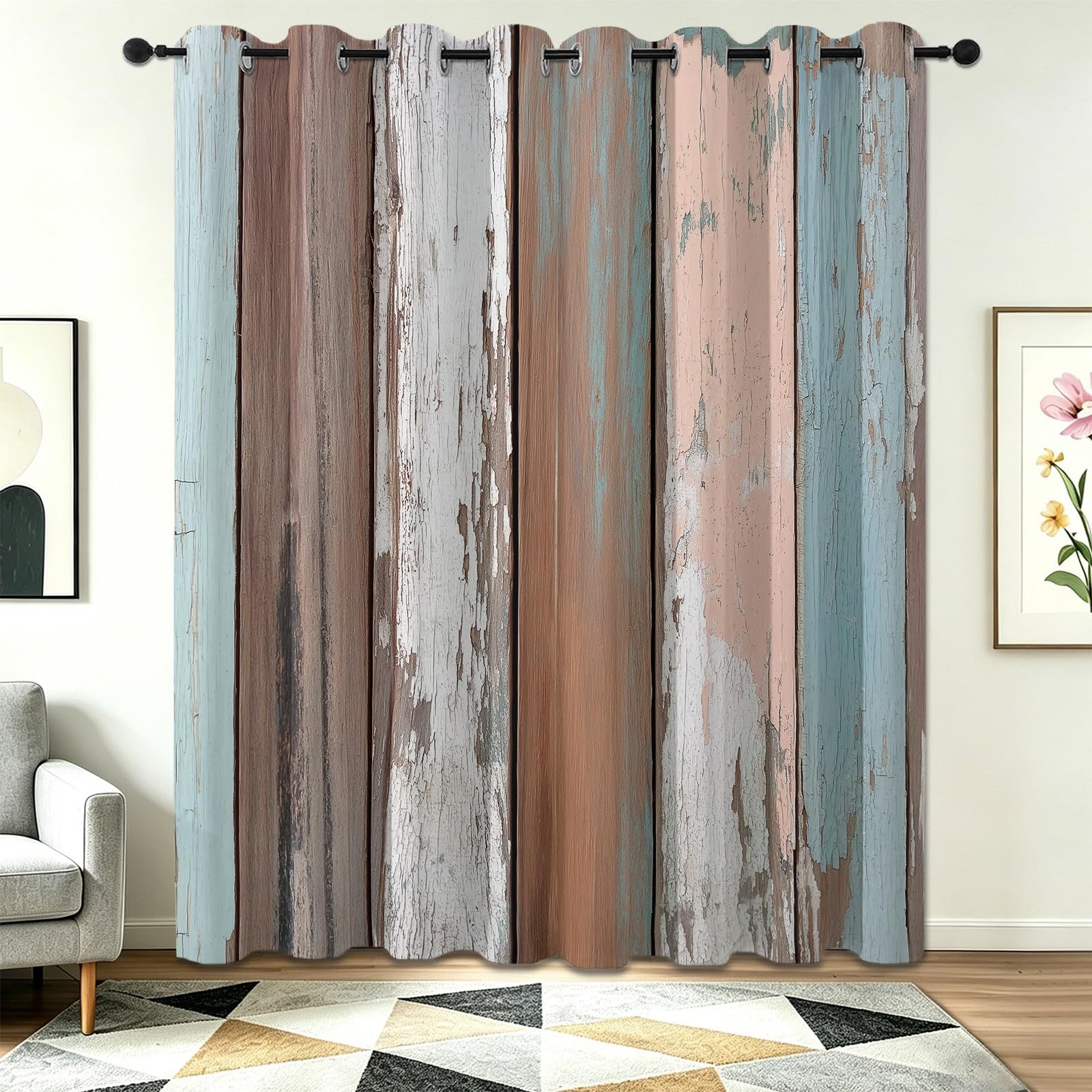 Style Industriel Rideau Occultant 70 x 240 cm avec Oeillets, Planches De Bois Qui S'Écaillent Grain du Bois Imprimer Isolation Thermique Insonorisée Brun Fenêtre Rideaux pour Salon, 2 Panneaux