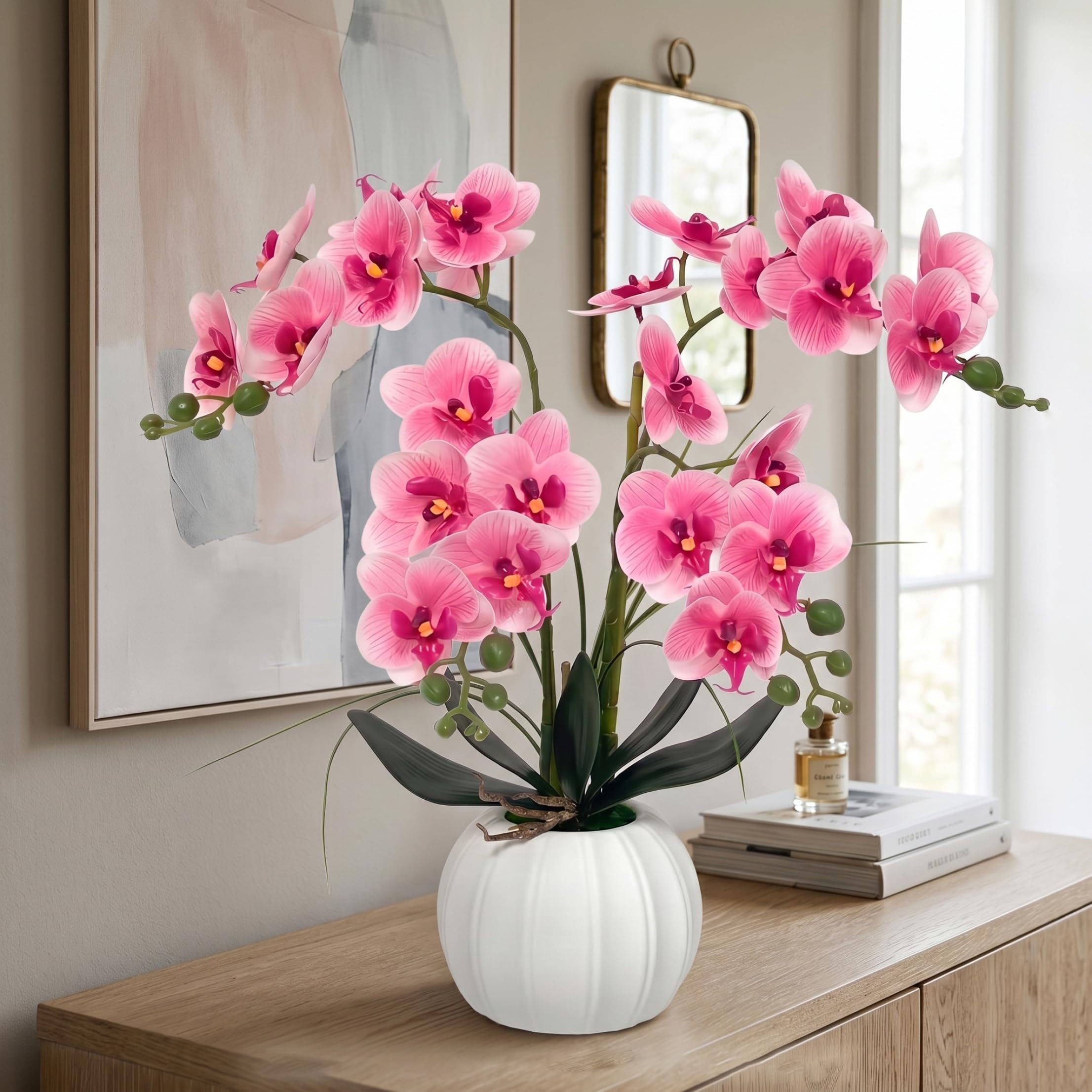 Latemeia Orchid in Pot, 45cm Orchids Artificial Flowers with Pot, Faux Potted Plant for Home Office Decorations (Pink)