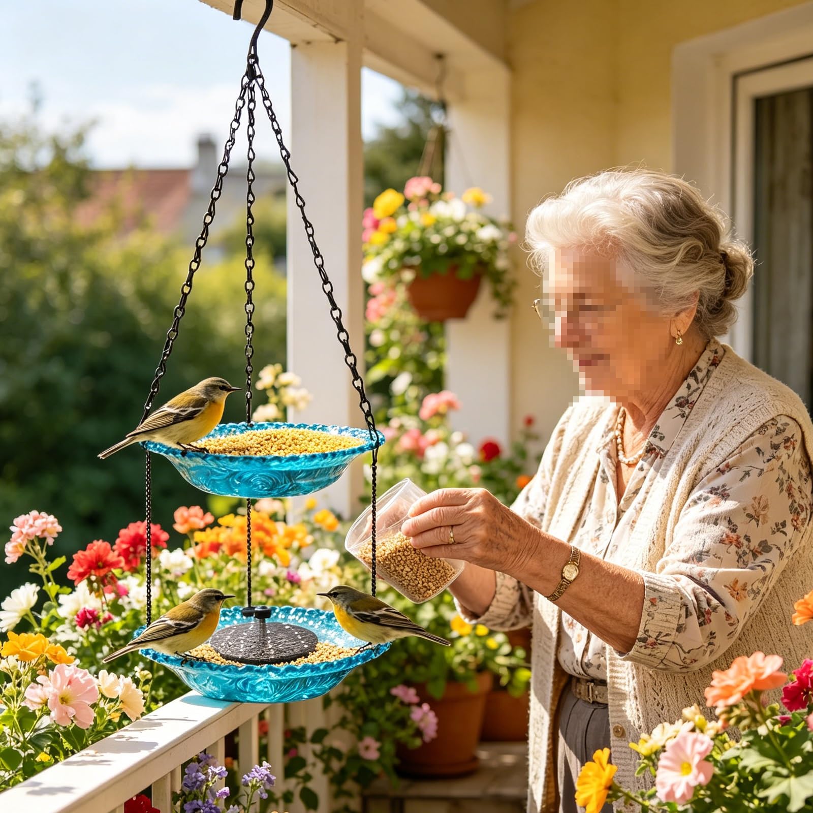 Solarbetriebener Zweilagiger Kolibri-Futterspender, Vogeltränke mit Kunststoffschale, 5 Sprühmodi, Vogelbad für Garten, Terrasse und Balkon(Blue)