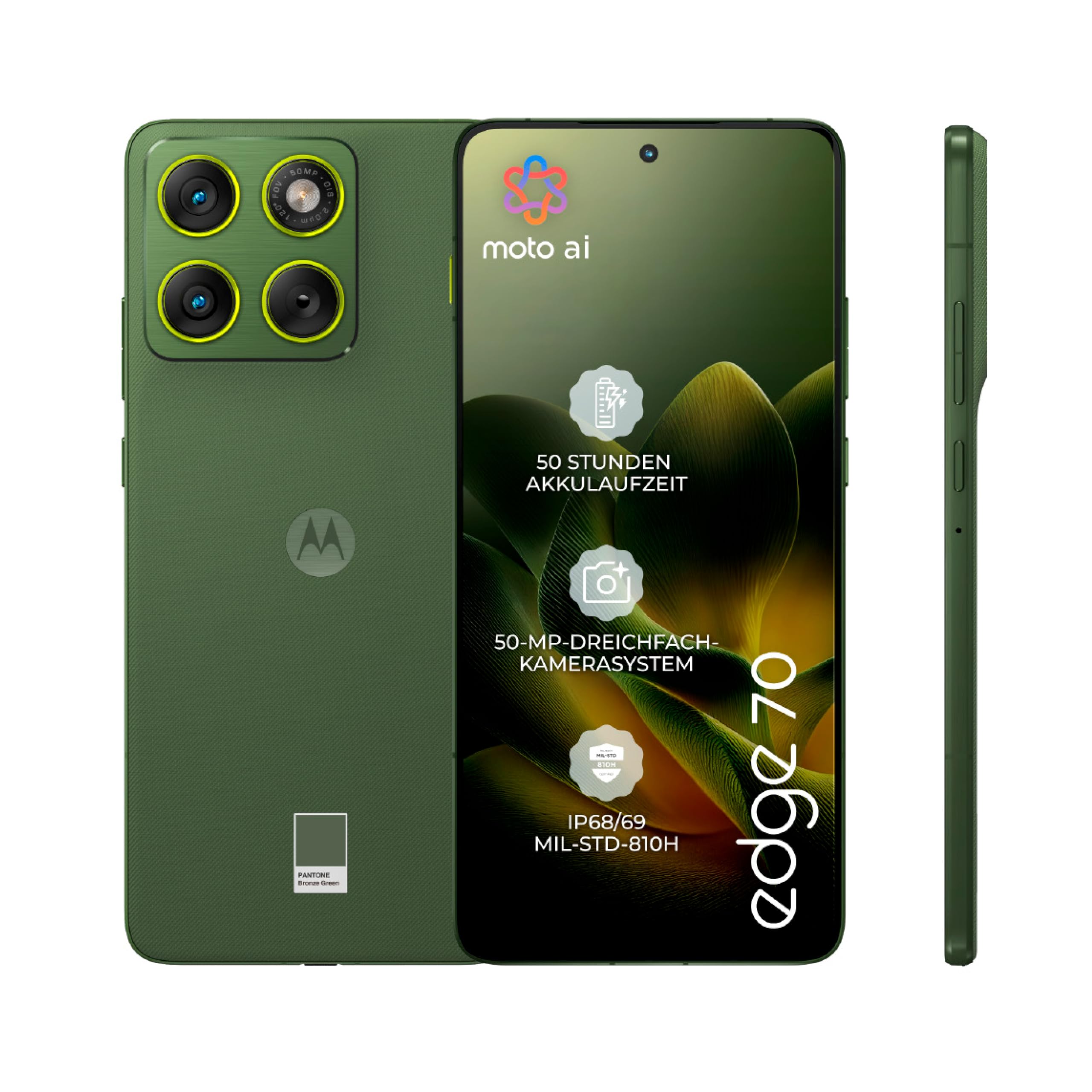 Motorola Edge 70 Smartphone (Robustes 6,67"-pOLED-Display mit Gorilla Glass 7i, 50-MP-Kamera, 12-512 GB, Wasser- und hitzebeständig, 68W-TurboPower-Aufladen), Pantone Bronze Green, inkl. Magnetcover