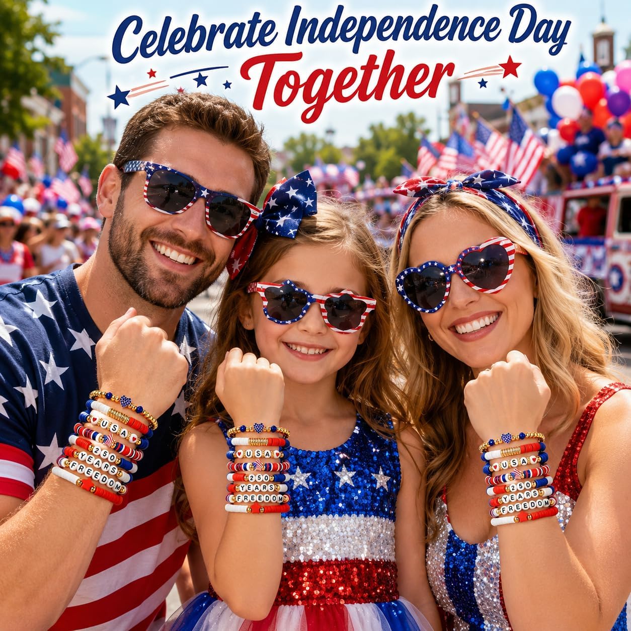 Mysense 250 Anniversary USA Merchandise, 4th of July Accessories, 8 Pack Patriotic Red White & Blue Bracelets, Matching Shirt & 4th of July Outfits for Women, Perfect Independence Day Gifts