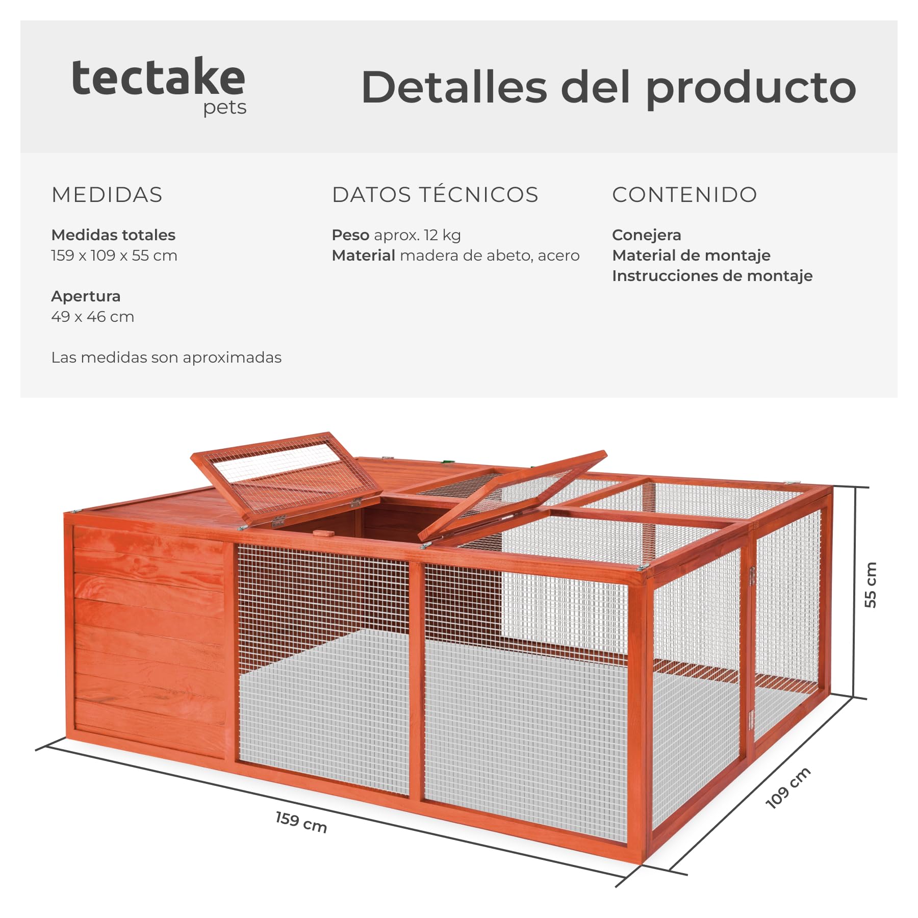 tectake® Conejera Exterior de Madera con Dos Puertas y Rejilla Metálica, Ideal como Jaula Conejo Exterior, Casita Conejo o Jaula Cobaya - 159 x 109 x 55 cm Marrón