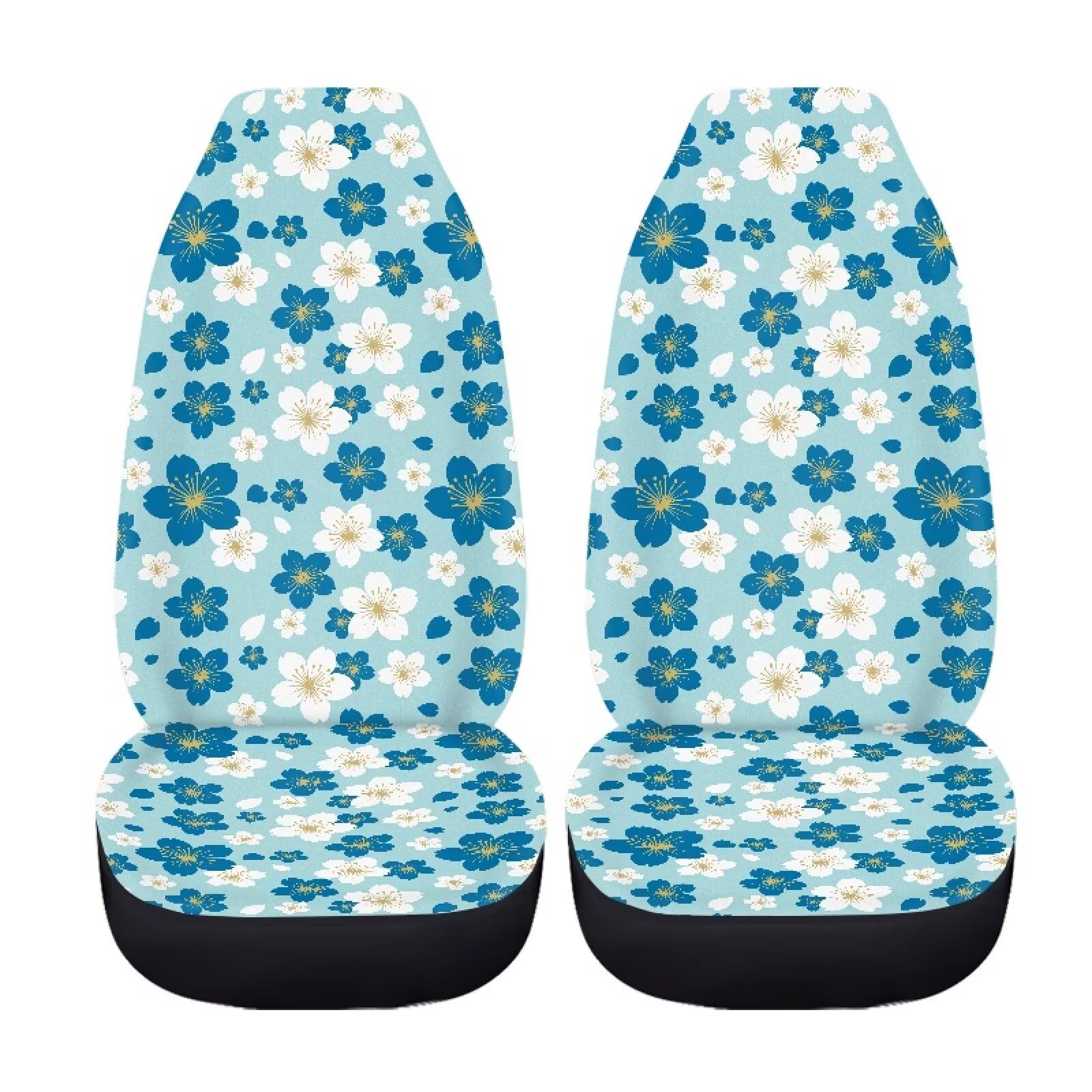 Xoenoiee White Blue Cherry Blossom Pattern Car Seat Covers Full Set of 2 Vehicle Protector Front Seats Covers Stretchy Washable Car Accessories Bucket Seat Cover