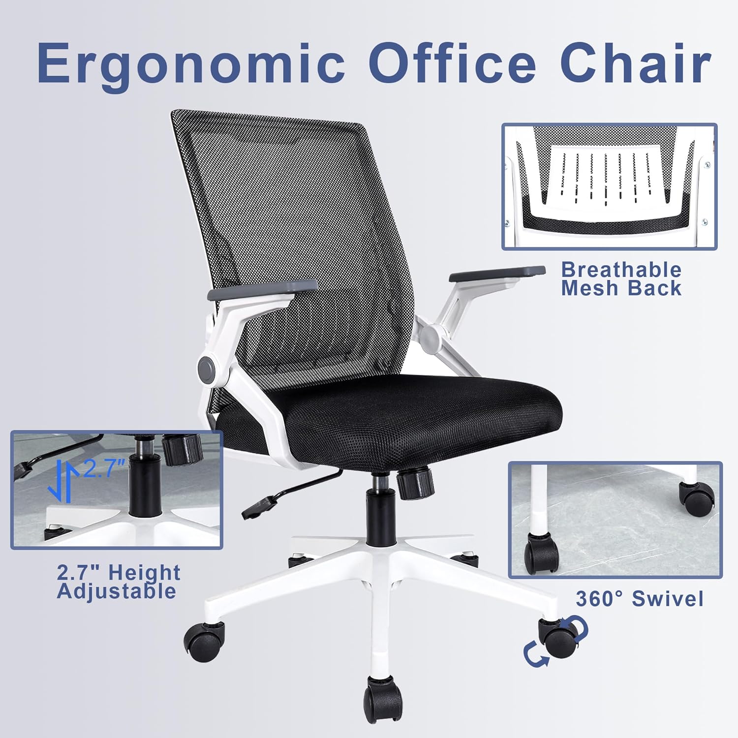 Ergonomic Office Chair with Flip-Up Arms, Small Desk Chair with Breathable Mesh Back, Home Office Desk Chair that Saves Space, Compact Swivel Computer Chair