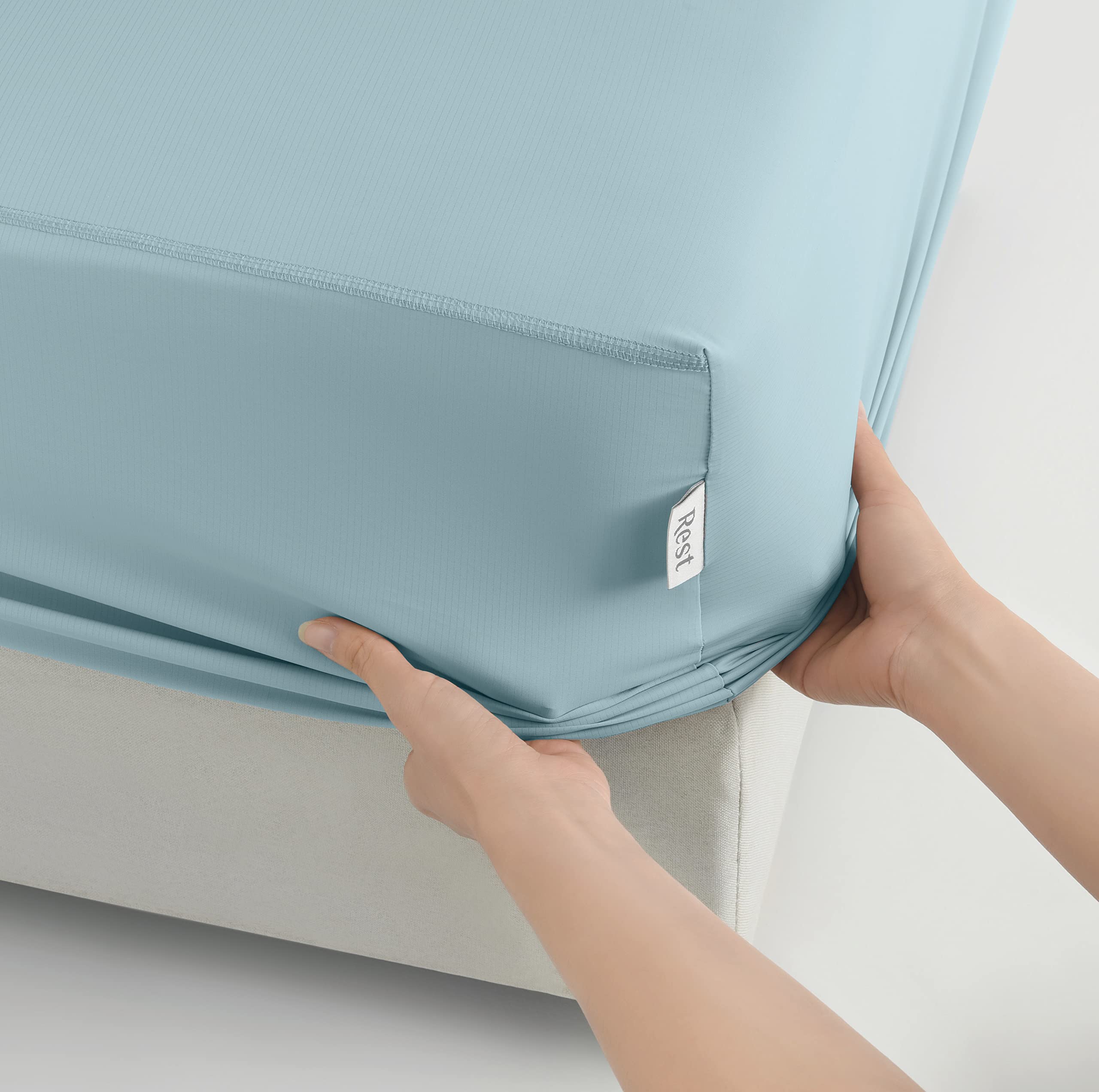 REST Evercool+ Fitted Sheet, King/Cali King-Size 15’’Deep(Stretched up to 18’’) Cooling Sheet for Hot Sleepers, Silky Smooth, Ionic+ Silver Ion Extrusion Tech for Fresh and Hygienic Sleep (Aqua Blue)