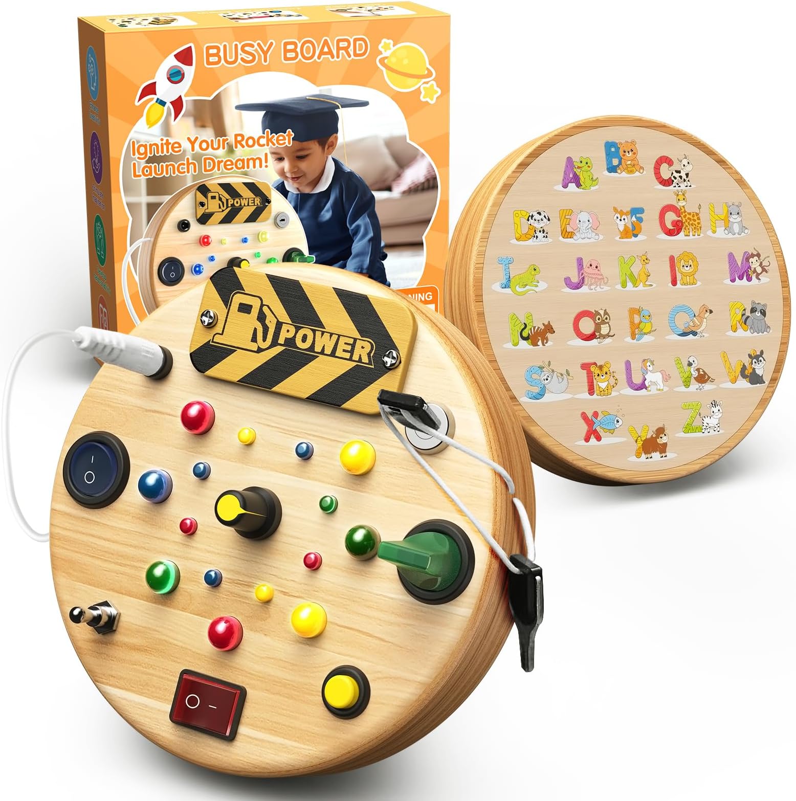 Busy Board,Montessori Toys for 1-6 Year Old,Toddler Toys Switch Board Wooden LED Light Up Toys with Shape Sorter,Educational Travel Activity Baby Kids Sensory Toys for Fine Motor Skills Development