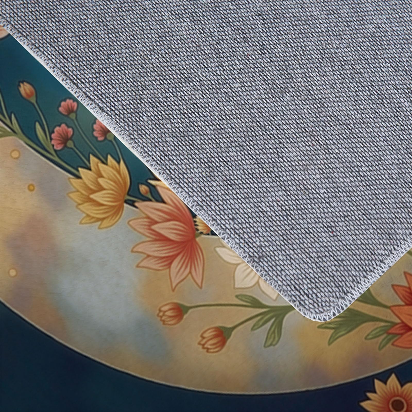 Tapis Rond 120cm, Lune Fleurs Ciel Étoilé Imprimé Décoration Antidérapant Bleu Rêveur Romantique Tapis de Sol, pour Salon Chambre Cuisine Balcon Terrasse Salle à Manger - Facile À Nettoyer