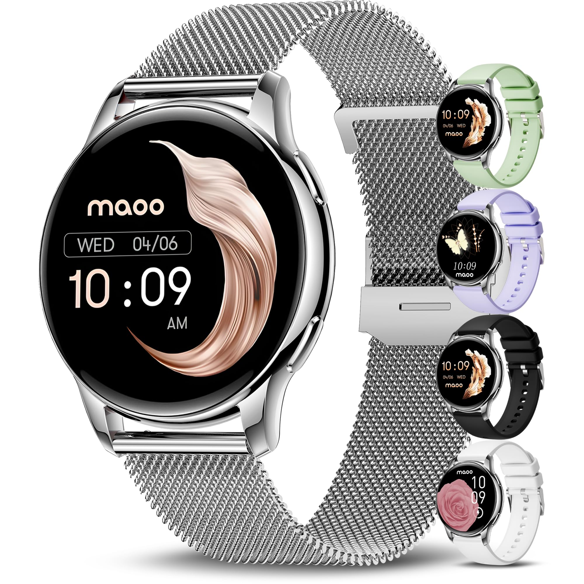 Maoo Ventura AMOLED Smartwatch Women, Always On Display, Stainless Steel and Silicone Strap, Call Function, Pedometer, Heart Rate Monitor, Sleep Monitor, 100+ Sports Modes, 300+ Dials, Android and-image-10