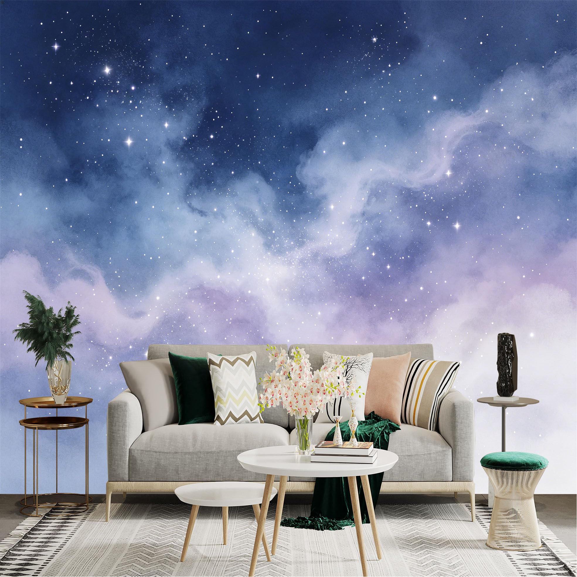 Lnzczhyre Dbh260521446 Custom Size Wall Sticker Mural， Dreamy Night Sky With Watercolor Clouds And Sparkling Stars， For Wall Decoration， Peelandstick Wall Decals.
