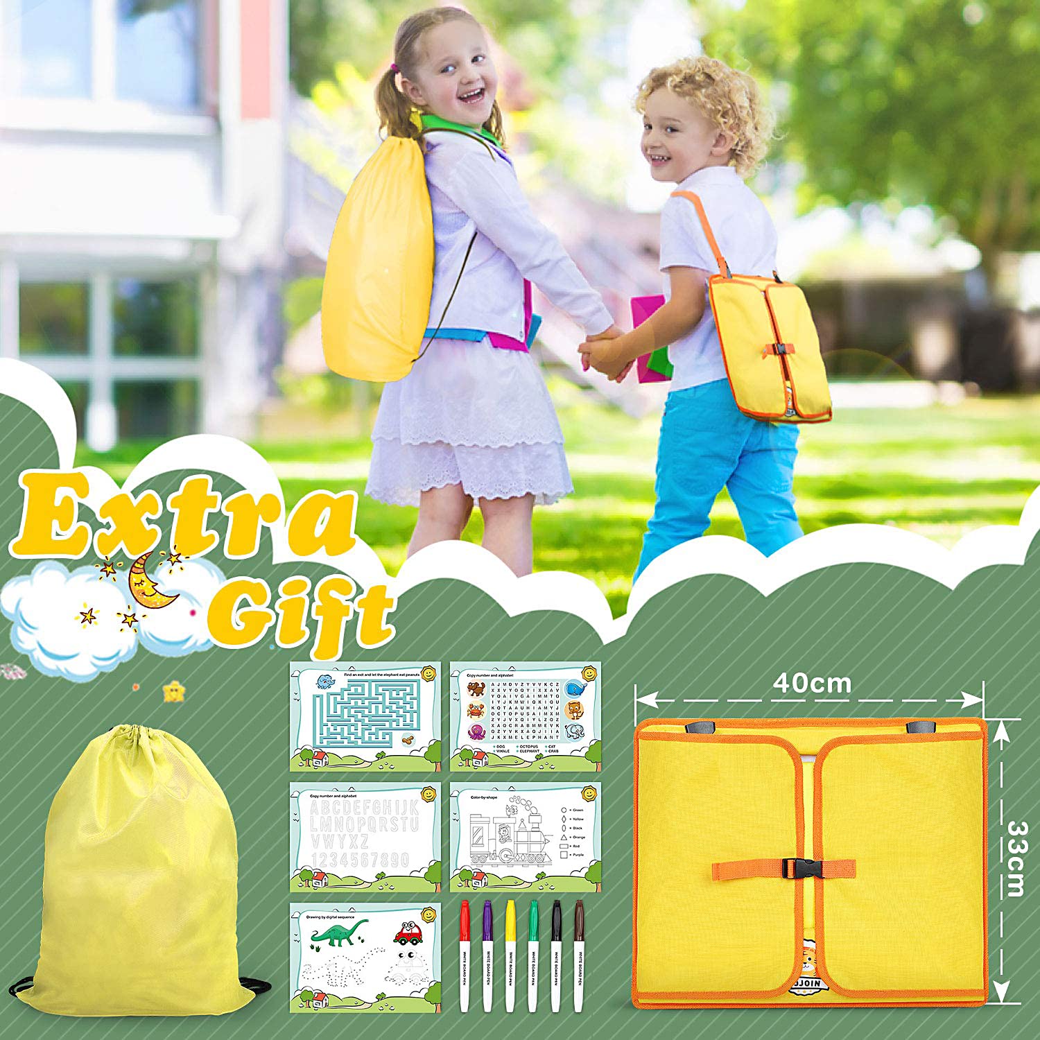 Vassoio di Viaggio per Bambini, Snack e Play Tray da Viaggio con Superficie di Disegno Trasparente, 5 Carte da Disegno e 6 Penne di Diversi Colori - Giallo&Arancione