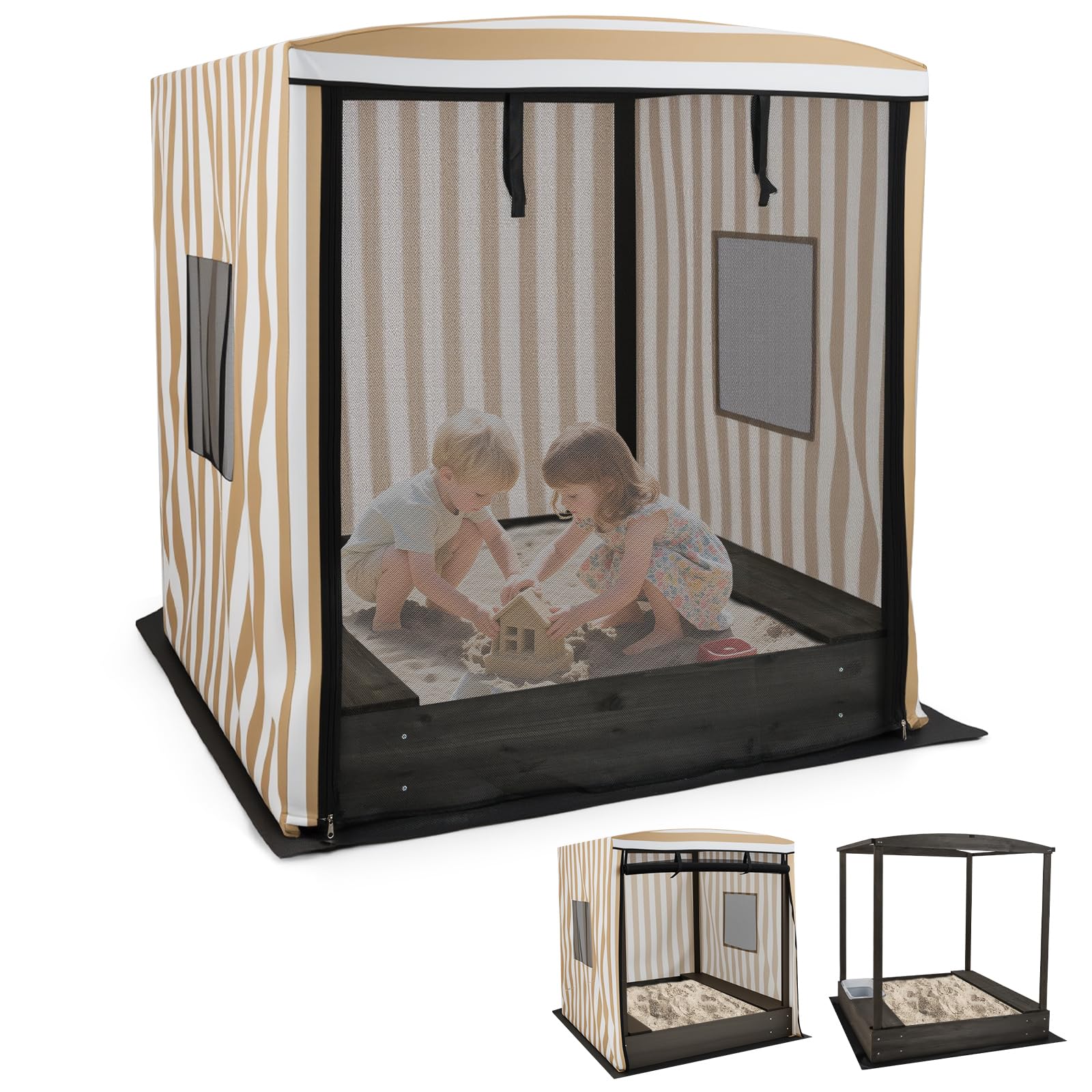 Costzon Kids Wooden Sandbox with Canopy, Large Sand Pit w/Mesh Door, Windows, Bench Seats, Foldable Storage Box & Bottom Liner, Outdoor Playhouse for Children 3+ Years Old (Natural&White)