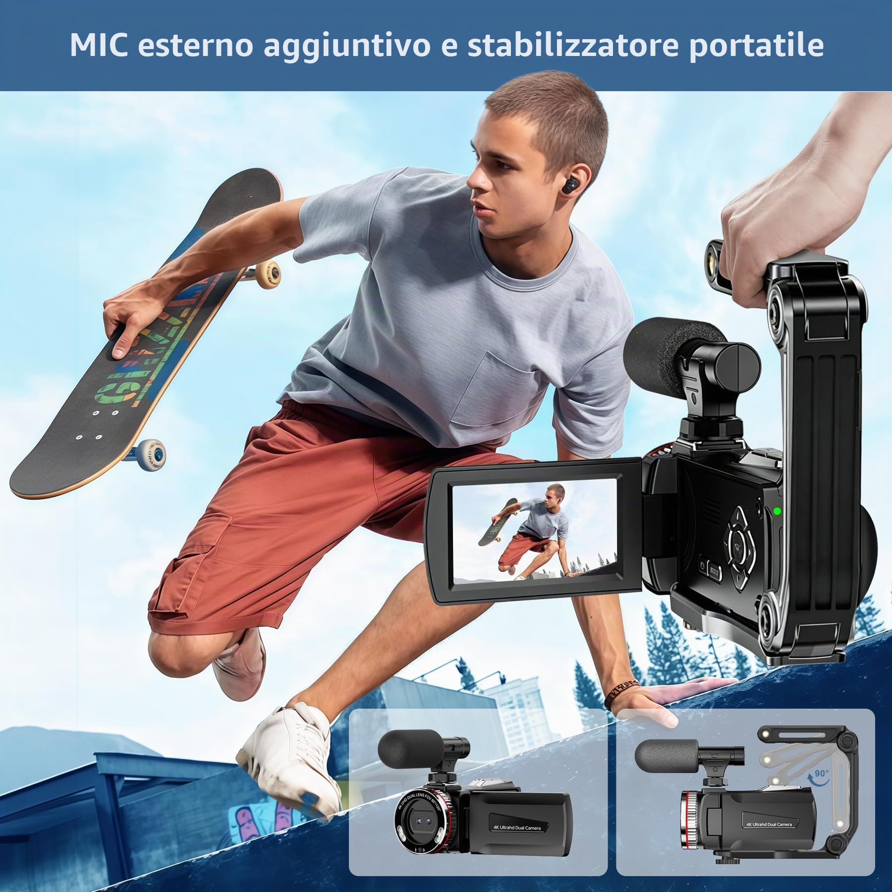 Videocamera 4K, foto 64 MP/registratore video 4K 60 FPS, videocamera digitale per vlogging su YouTube, con 2 batterie/microfono wireless/scheda SD/telecomando