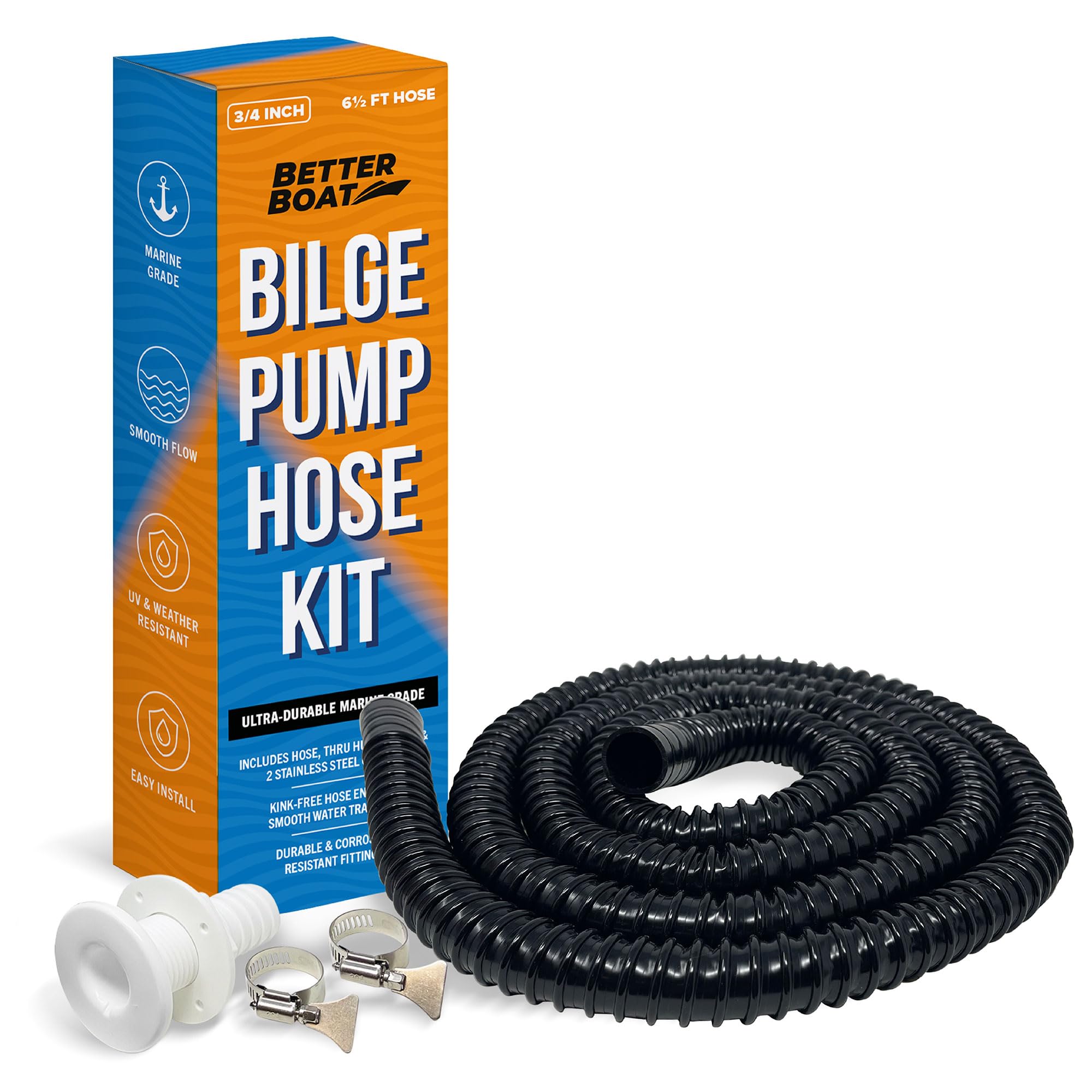 3/4 Bilge Pump Hose Kit, Includes 6.5 Ft Hose, Thru Hull Discharge Outlet Fitting, and Adapter, Compatible with 3/4 Inch Bilge Pump, Ideal for Boats and Jet Skis