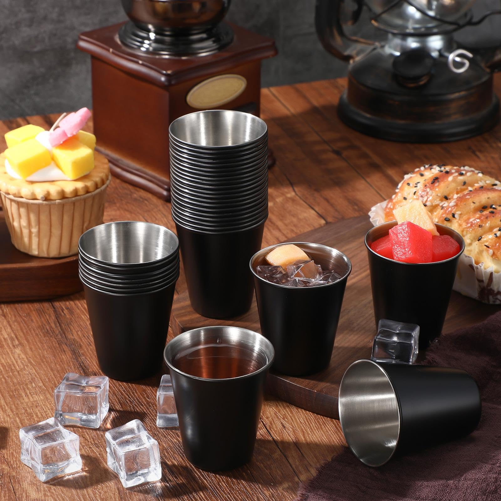 100 vasos de chupito de acero inoxidable de 2 onzas, vasos de chupito pequeños irrompibles para espresso, whisky, bar, hogar, restaurante, camping, bar, regalo (negro)