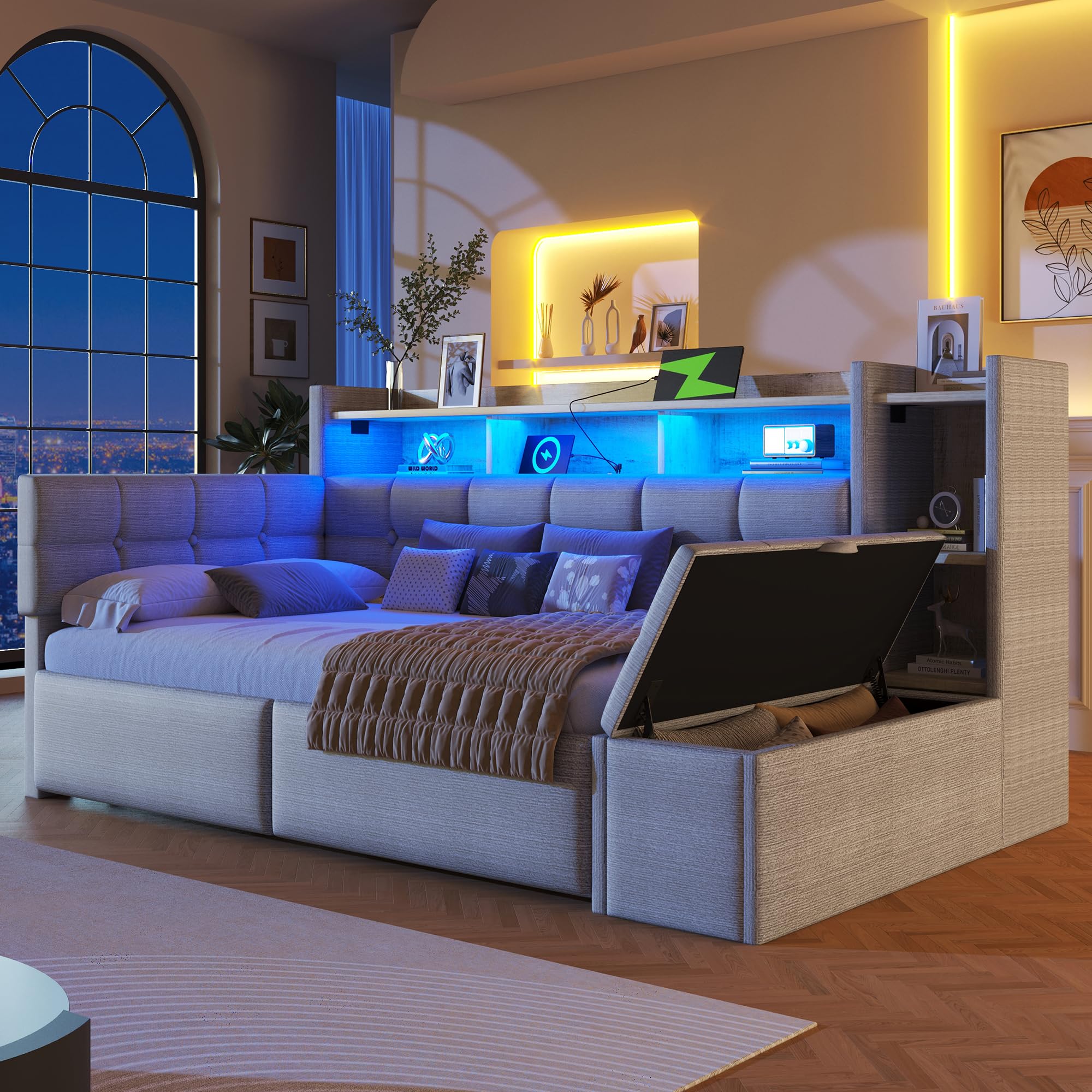 Letto divano, divano letto, 90×190cm, con due cassetti, porte USB e di tipo C, vano portaoggetti, panca contenitore ai piedi, striscia luminosa a LED, senza materasso, velluto (grigio)