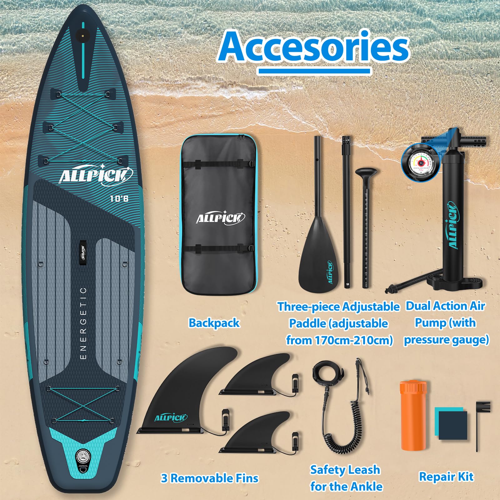 ALLPICK Stand Up Paddling Board Aufblasbar, SUP Board Set, 200kg | Universal Kamerahalterung, Komplettes Zubehör, Verstellbares Paddel, Anfänger, Fortgeschrittene