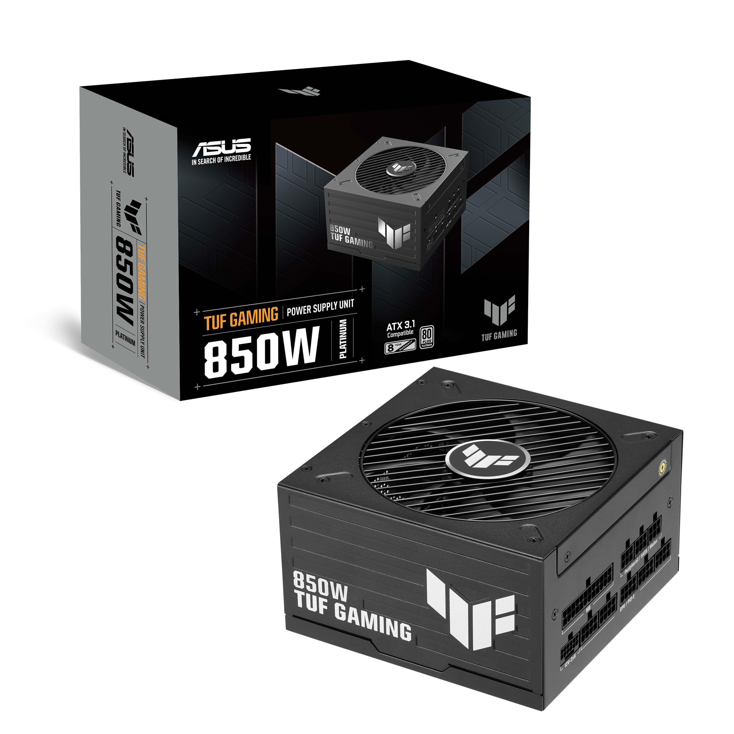 ASUS TUF Gaming 850 W Platinum Gaming zasilacz sieciowy (850 W, wentylator z podwójnym łożyskiem kulkowym, kompatybilny z ATX 3.1 i PCIe 5.1, certyfikat 80 Plus Platinum, trawiony kabel, czarny)
