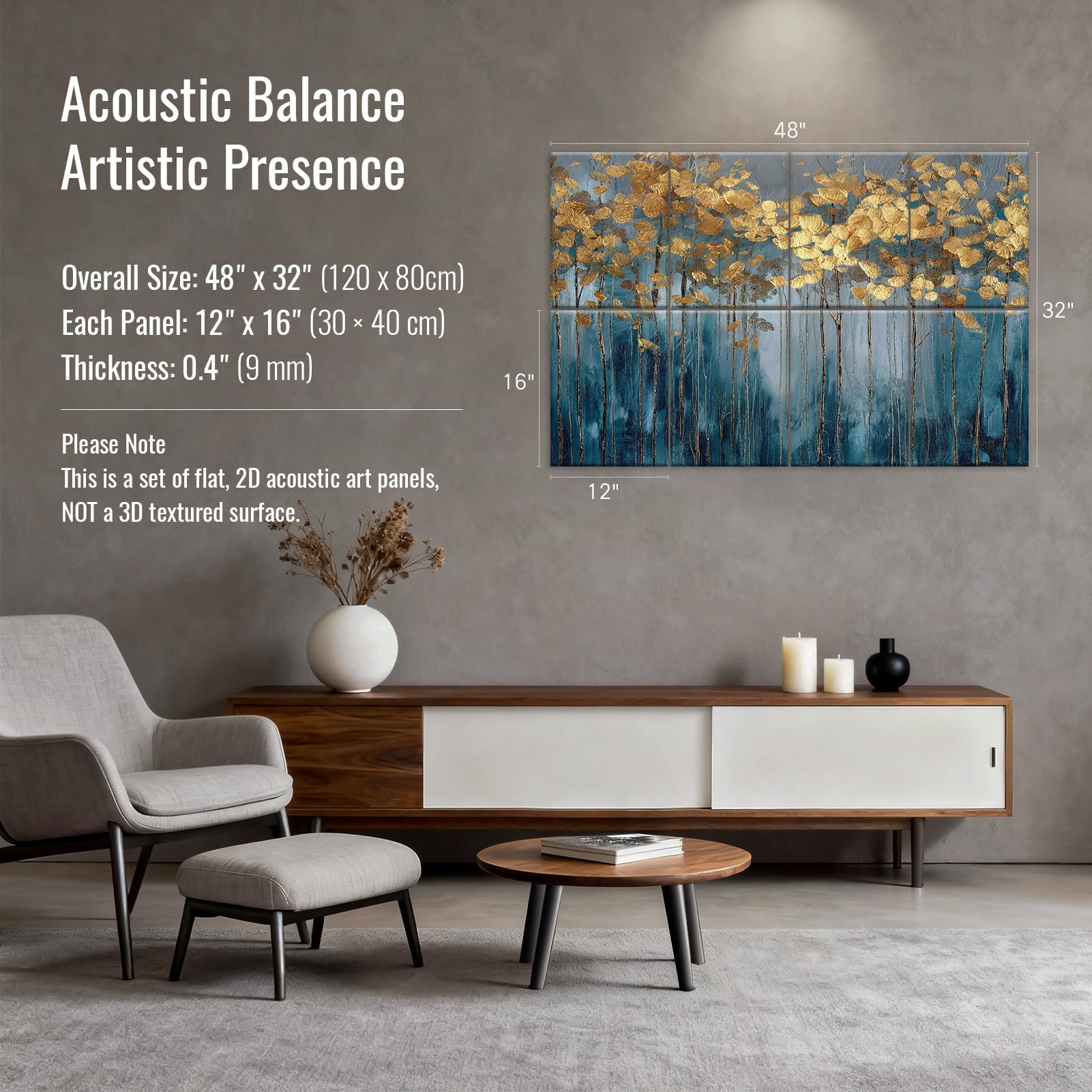Confezione da 8 pannelli acustici artistici, decorativi da parete, 120 x 80 cm, autoadesivi, pannelli fonoassorbenti per casa, ufficio, studio di registrazione (Aurum Hush)