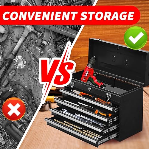 Miniatura 8 de Caja de herramientas de metal de 4 cajones de 20 pulgadas, caja de herramientas portátil de acero con cierre de pestillo de metal y cerradura de