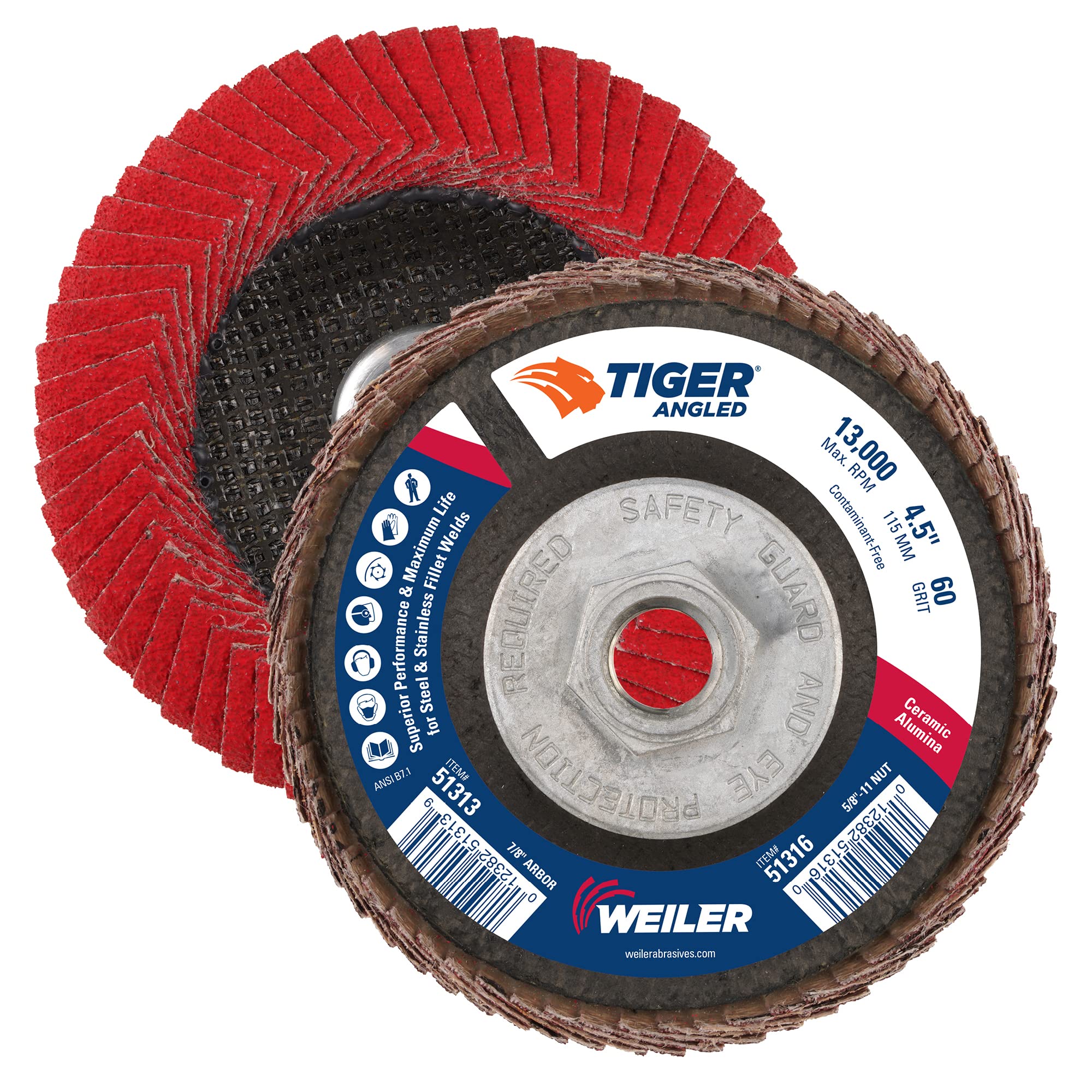 Weiler 51316 4 – 1/2 "Tiger en ángulo Flap disco gamuza de, Felpudo, cerámica alúmina Grano 60 C, 4 – 1/2" de diámetro (Pack de 10)