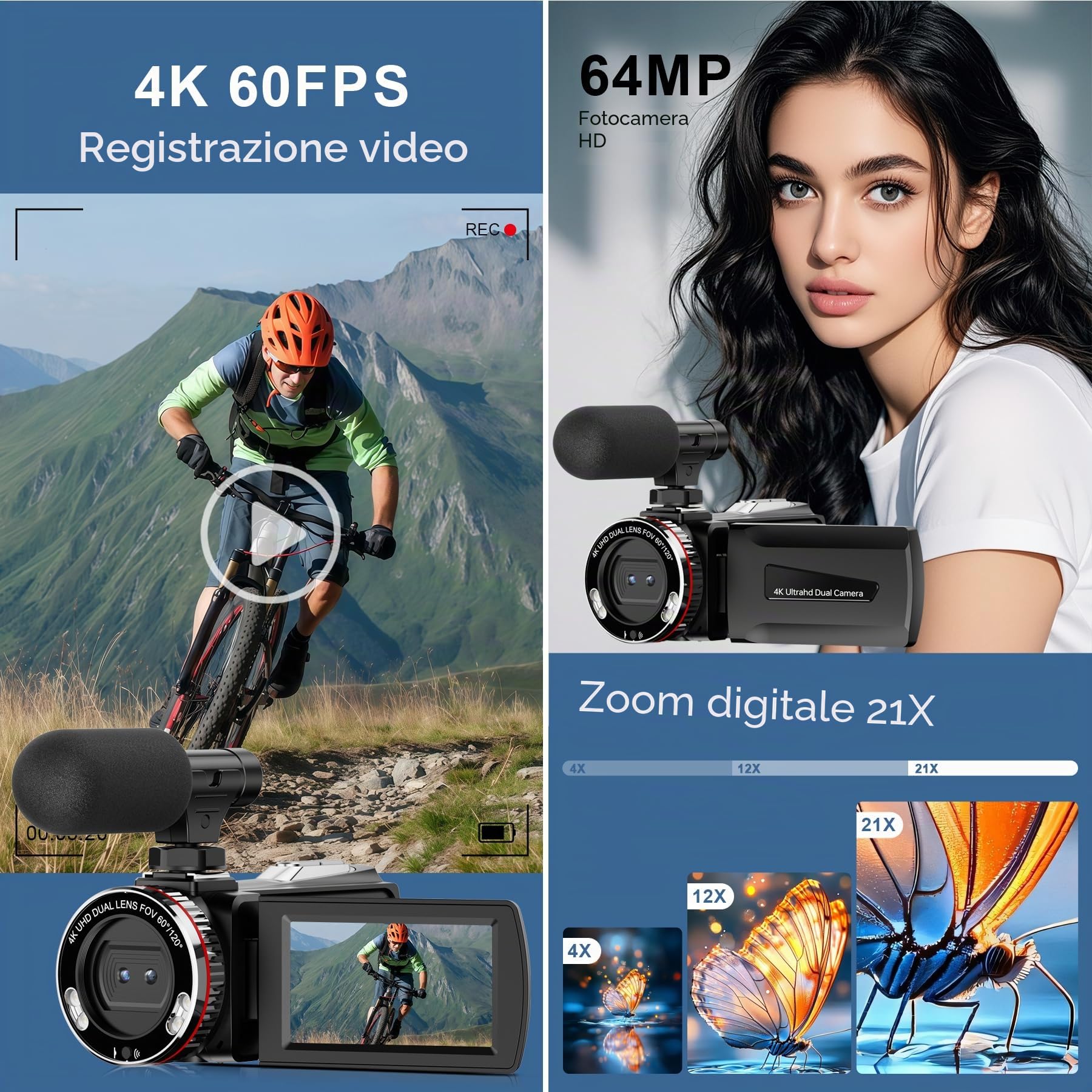 Videocamera 4K, foto 64 MP/registratore video 4K 60 FPS, videocamera digitale per vlogging su YouTube, con 2 batterie/microfono wireless/scheda SD/telecomando