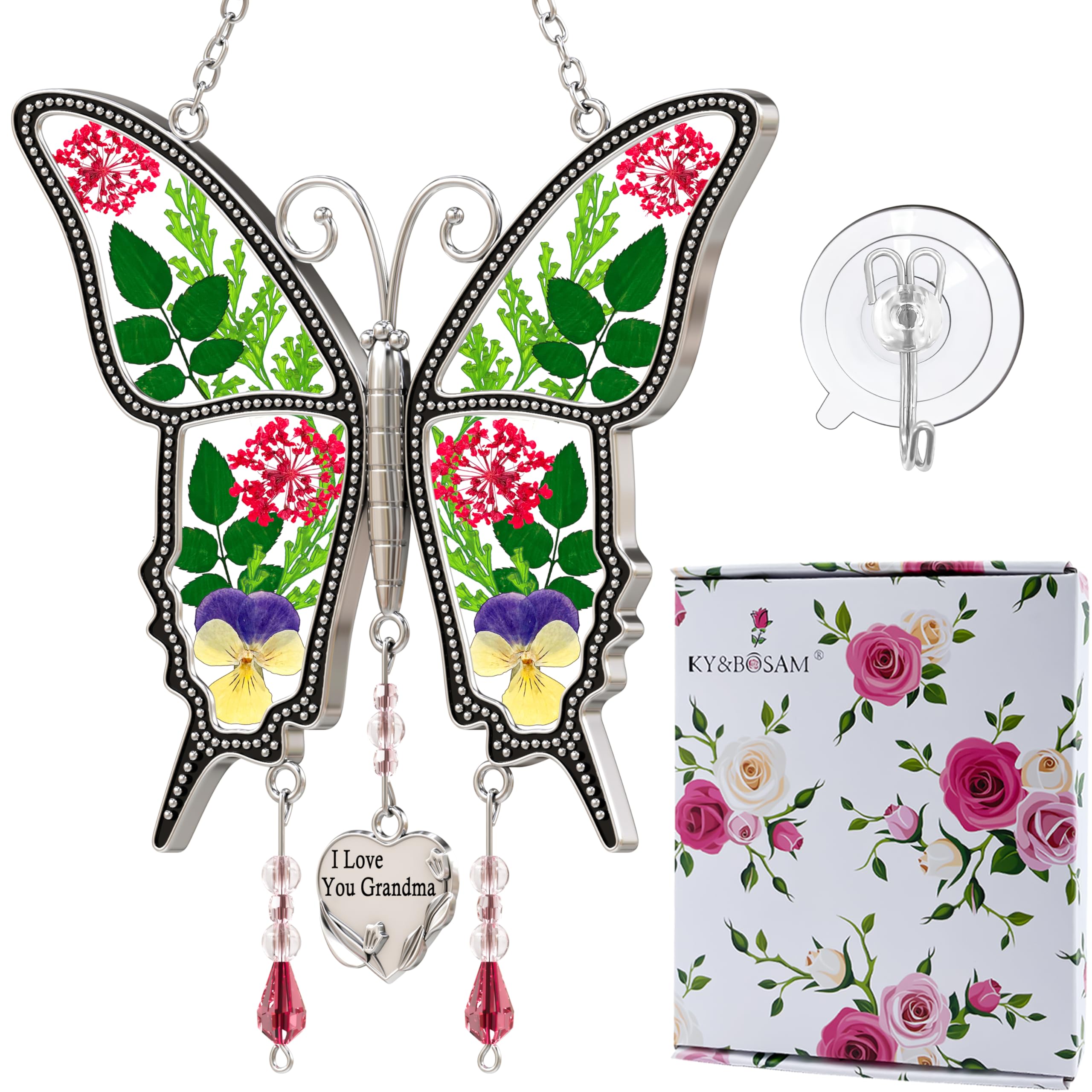 KY&BOSAM Butterfly Suncatcher I Love You Grandma Unique Grandma Gifts with Pressed Real Flower Stained Glass Hangings for ...