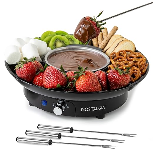Nostalgia Electric Fondue Party Set – 10 oz Melting Pot, 4 Roasting Forks, & Detachable Serving Tray – Melted Cheese, Chocolate, or Dessert – Perfect for Gifts, Parties, Date Night – Black
