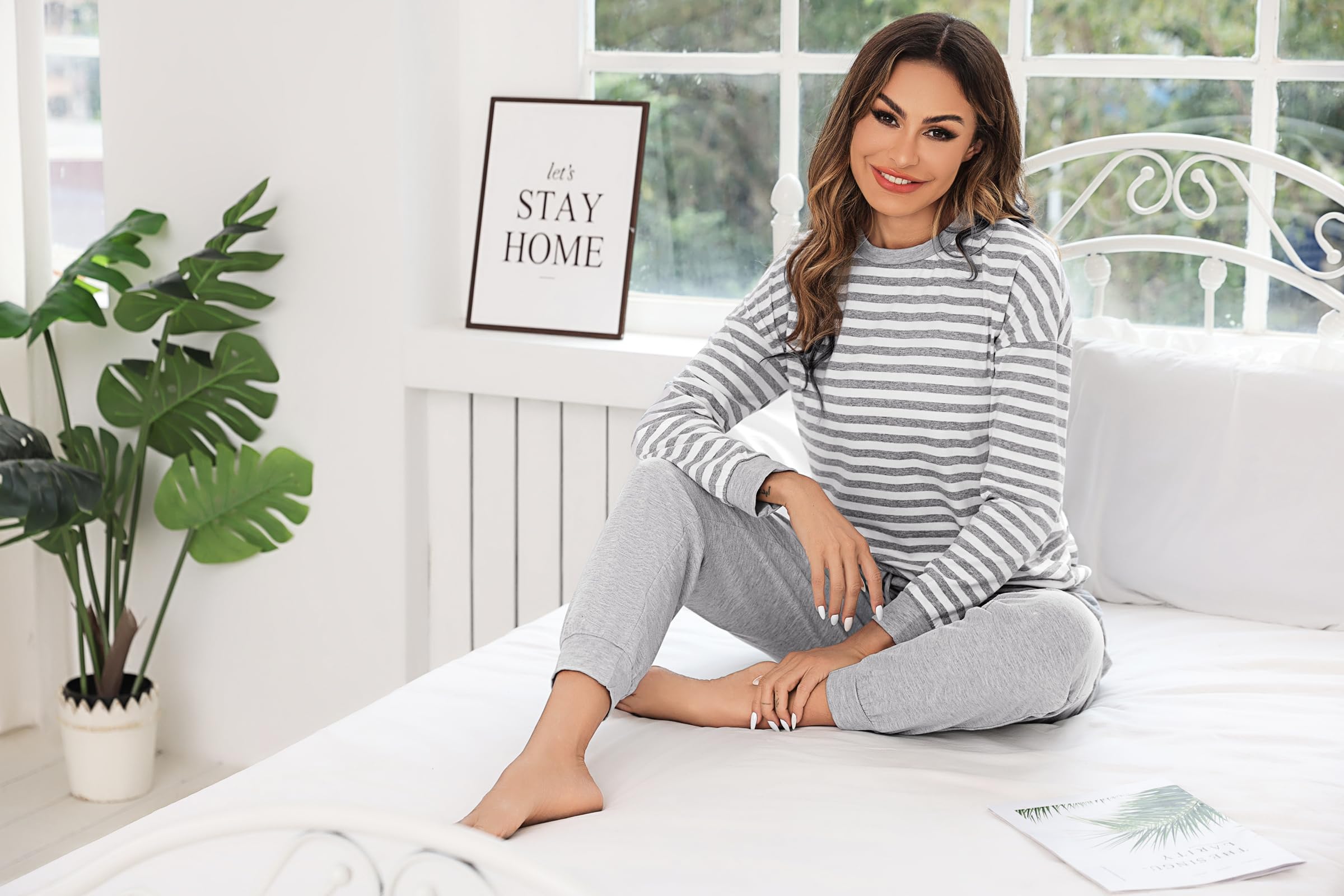 Bresdk Piżamy damskie zimowe bawełniane paski piżamy z długim rękawem plus size bielizna nocna