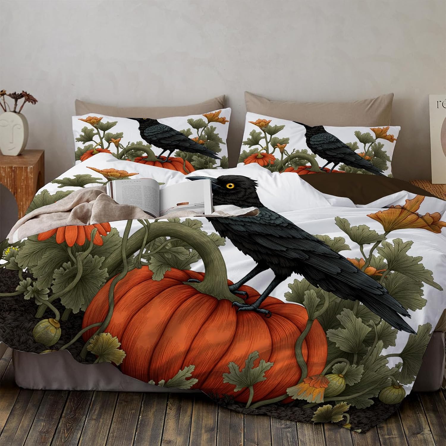 Halloween Pumpkin Crow Duvet Cover Vintage Watercolor Texture Bedding Size,Reversible Solid Color Classic Plaid Duvet Cover Reversible Design, Soft Microfiber, Zipper Closure, Machine Washable