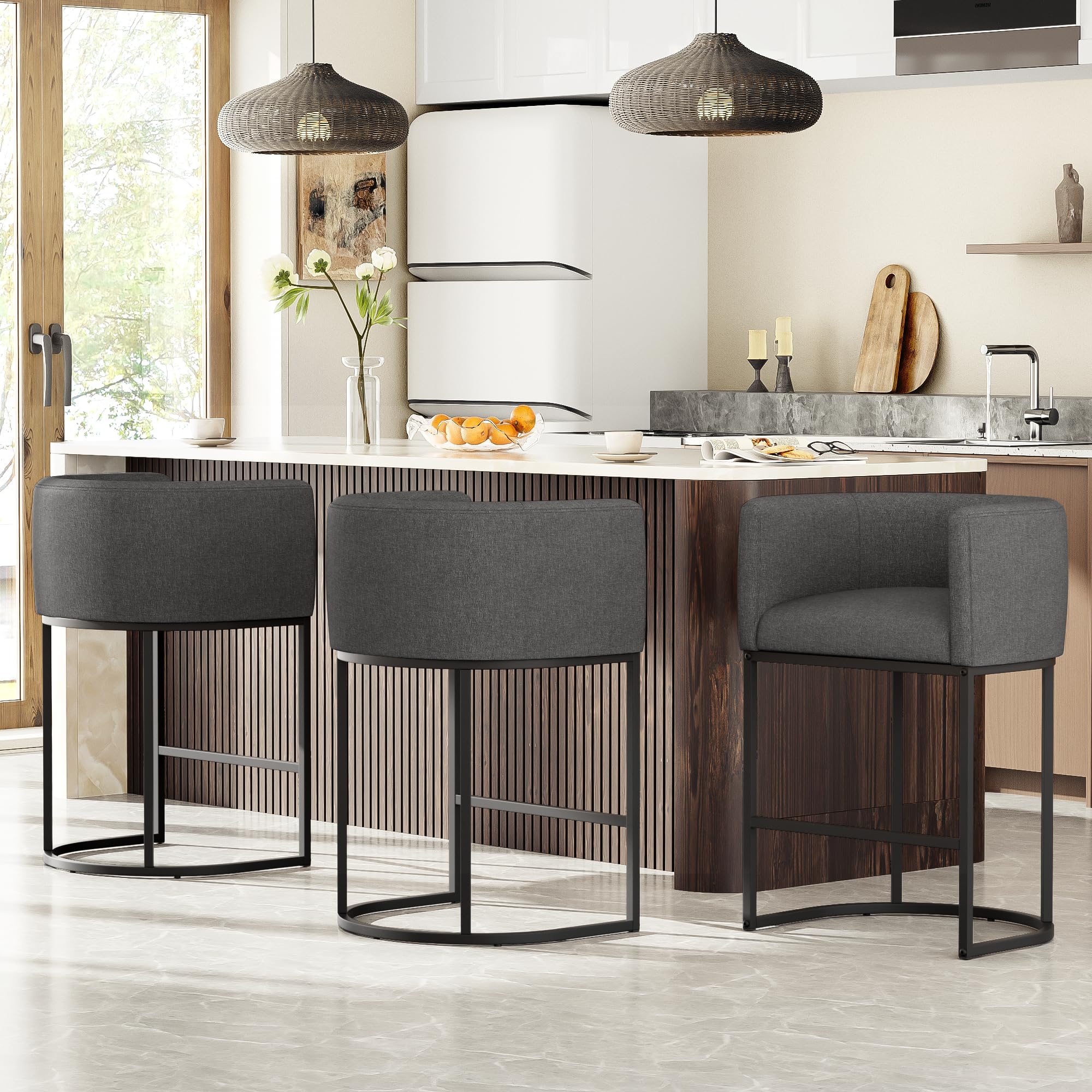 26" H Counter Height Bar Stools Set of 3, Modern Barrel Counter Stools with Backrest and Arms, Linen Fabric Upholstered Accent Barstools for Kitchen Island,Support 450 LBS （Carbon Black