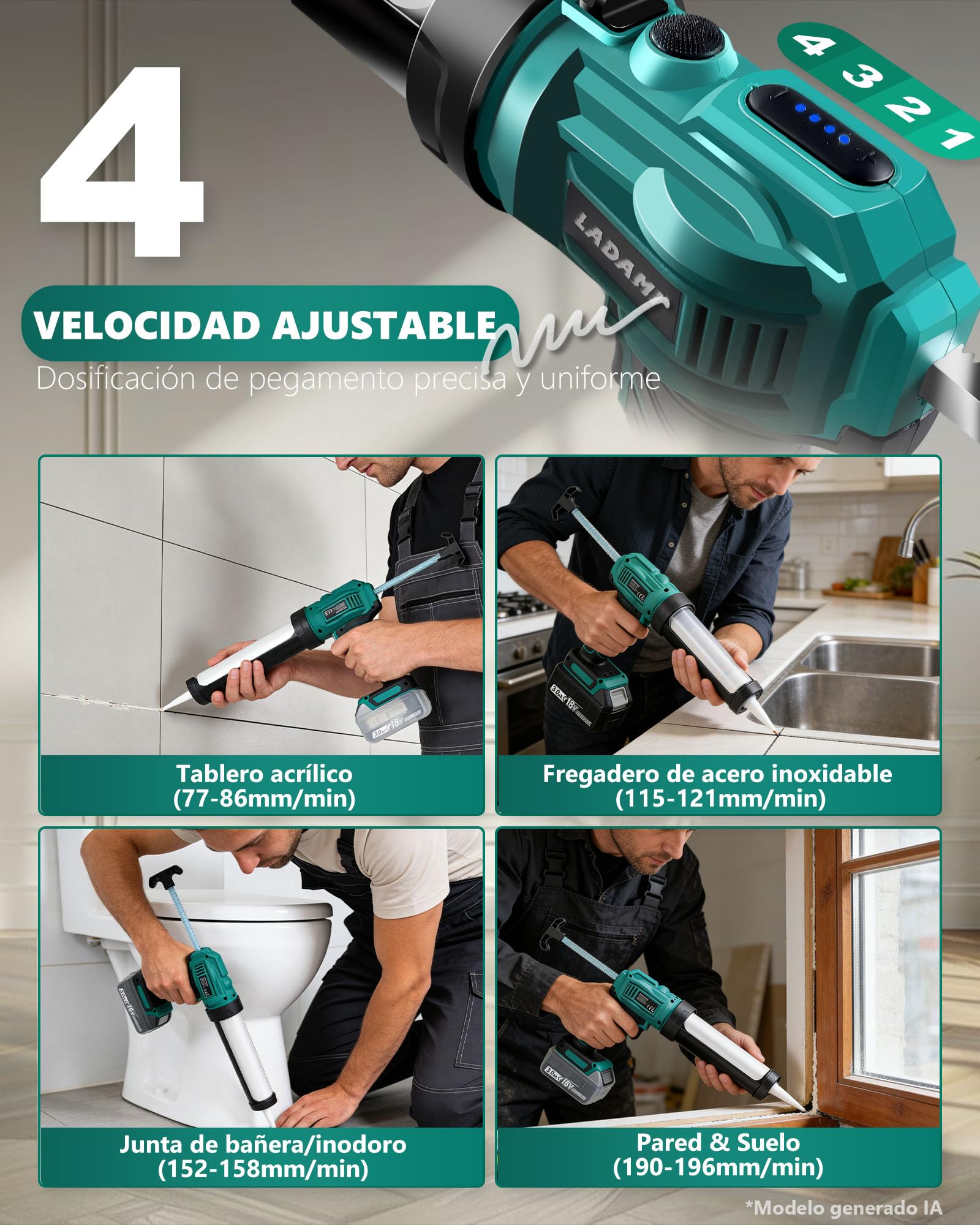 Prensa de cartuchos de batería compatible con Makita de 18 V, para batería Einhell 、para batería Bosch, con luz LED 4 velocidades ajustables, pistola de silicona eléctrica para cartuchos de 300