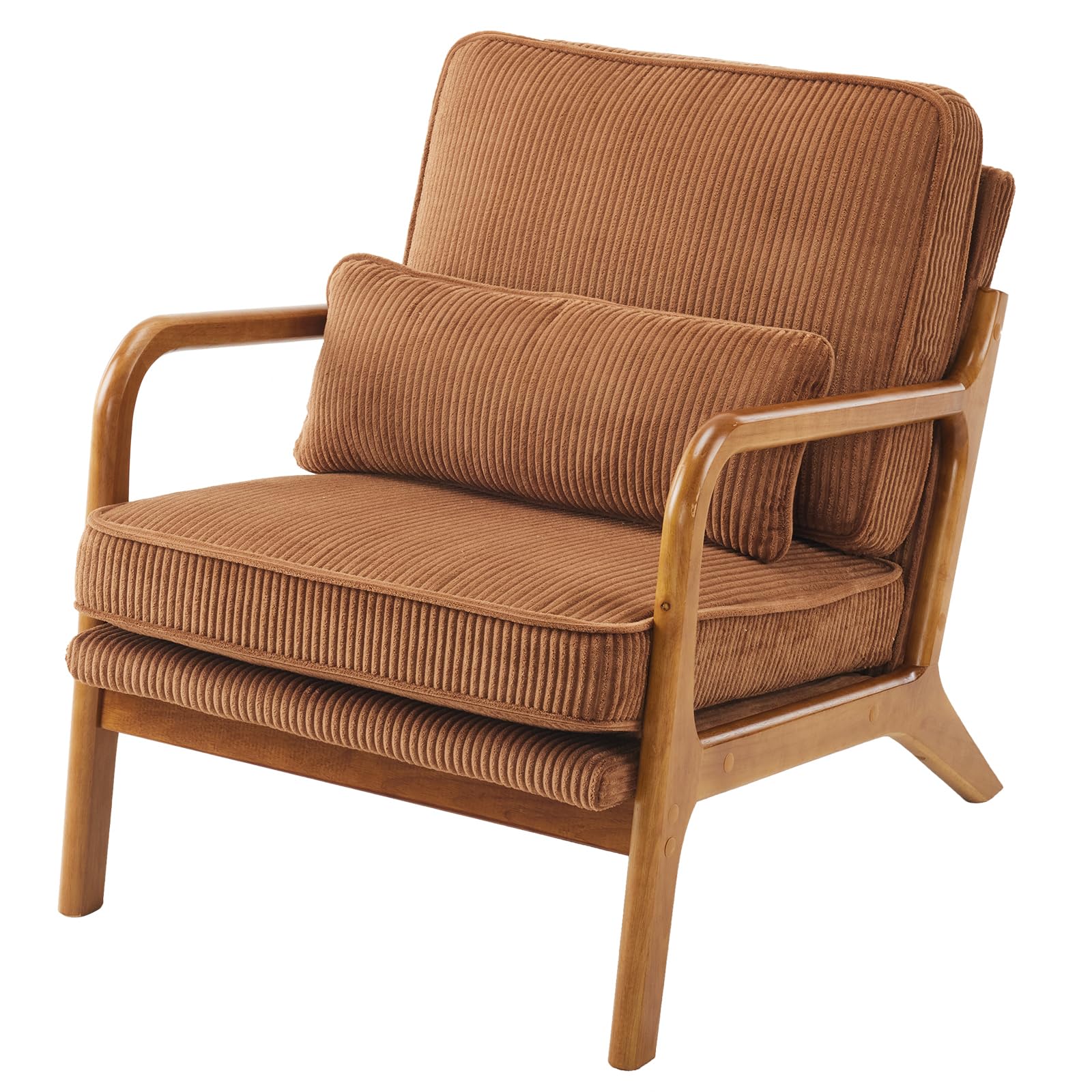 VINGLI Arm Chairs,Mid Century Modern Accent Chairs with Solid Wood Frame,Comfy Upholstered Armchair with Lumbar Pillow,Chairs for Living Room,Bedroom,Small Spaces,Corduroy (Brown)
