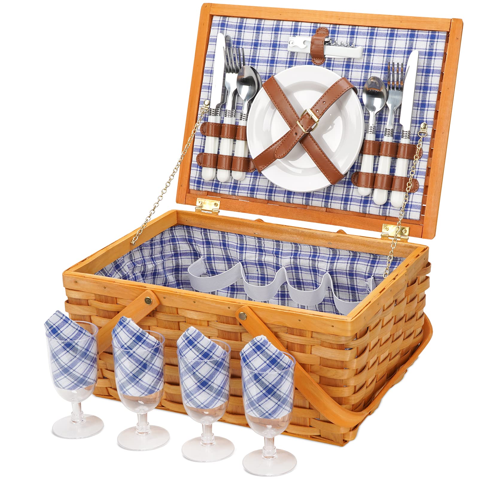 Picnic Basket Set for 4 Persons, Woven Woodchip Basket with Folding Handles & Lid, Blue and White Gingham Lining Basket Set with Utensils Cutlery - Perfect for Picnic, Camping, Valentine Day, Outdoor