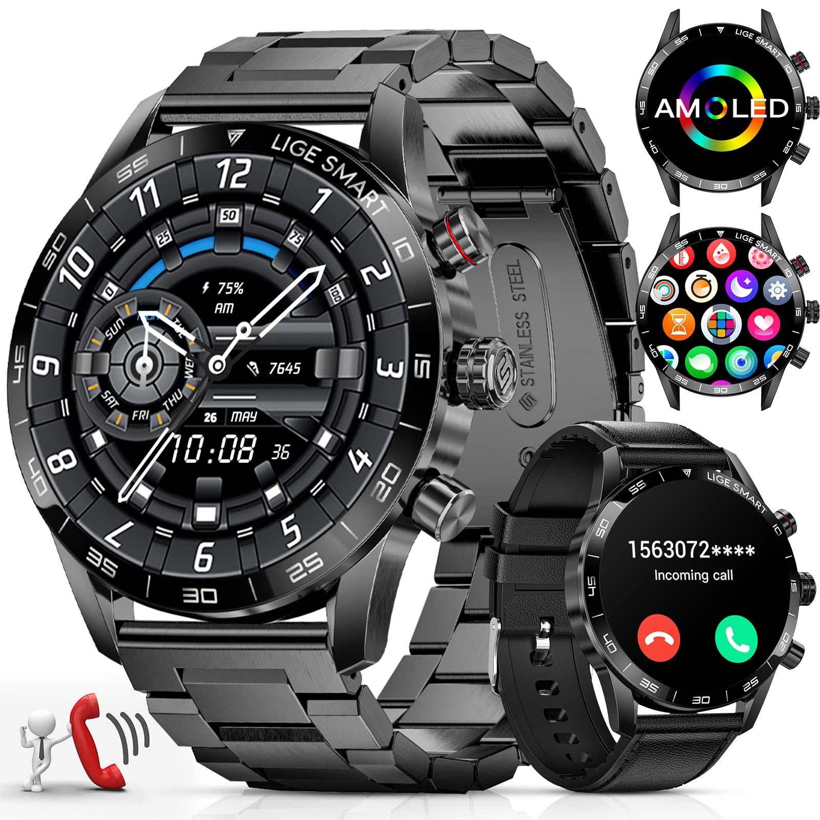 LIGE 1,43'' AMOLED Smartwatch Uomo con Effettua o Risposta Chiamate e Assistente Vocale, Durata Batteria di 15 Giorni, Cardiofrequenzimetro, 124 Modes Sportifs Orologio Smartwatch per Android iOS…