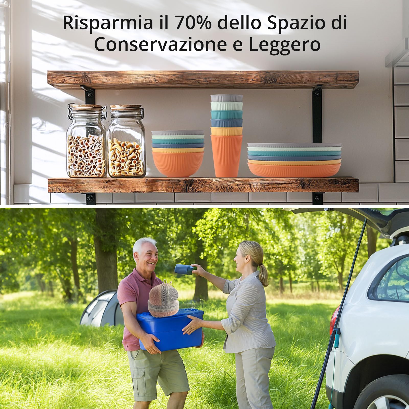 Anbte Set Posate da Viaggio 18 Pezzi Infrangibili, Leggere e Compatte Riutilizzabile Nel Microonde per Campeggio/Picnic - Piatti, Forchette, Coltelli,Lavabili in Lavastoviglie
