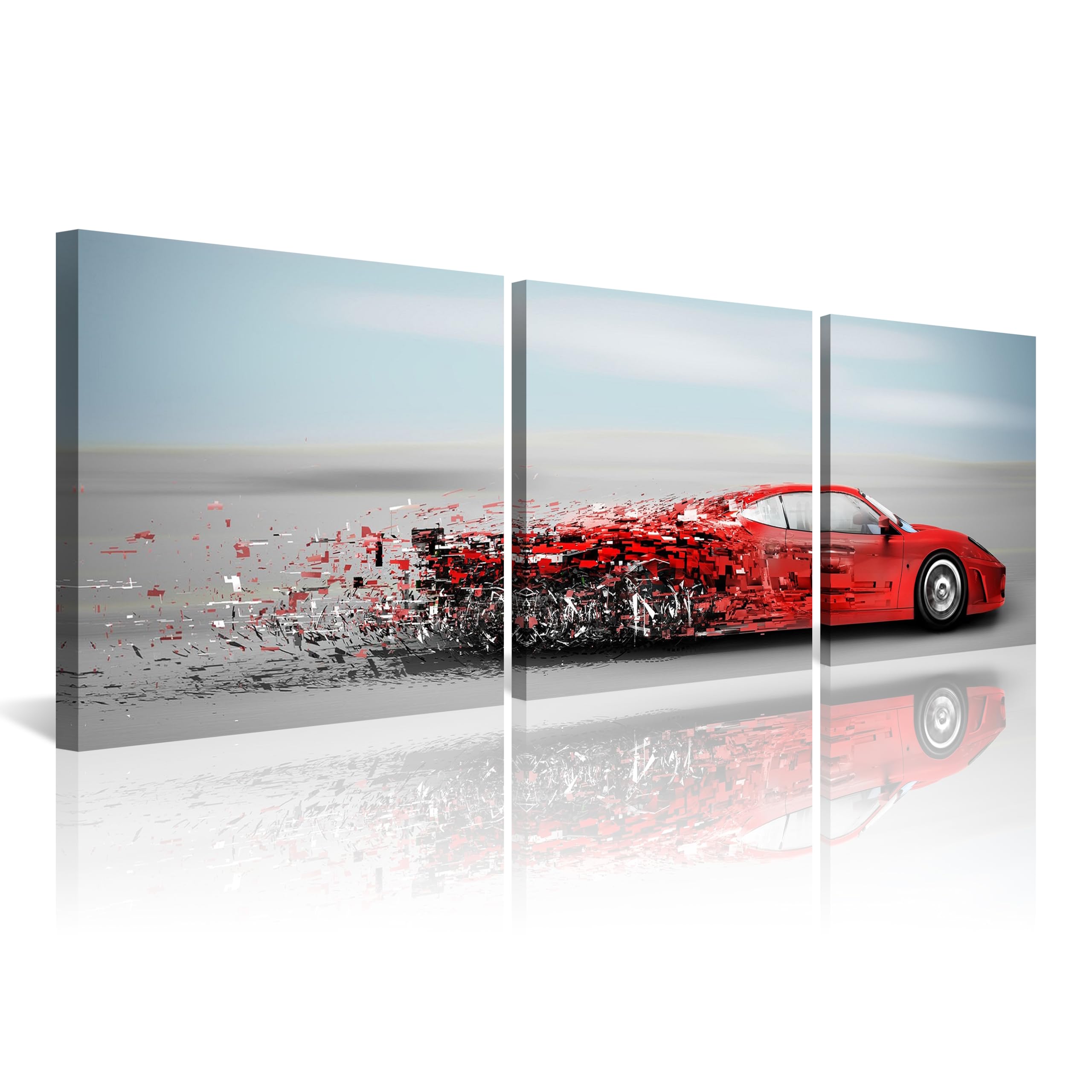 NAN Wind 3PCS Red Sports Car Canvas Wall Art Speed Motion Futuristic Pixel Explosion Racing Vehicle Abstract Modern Artwork for Office Garage Living Room Teen Bedroom Auto-Inspired Wall Decor