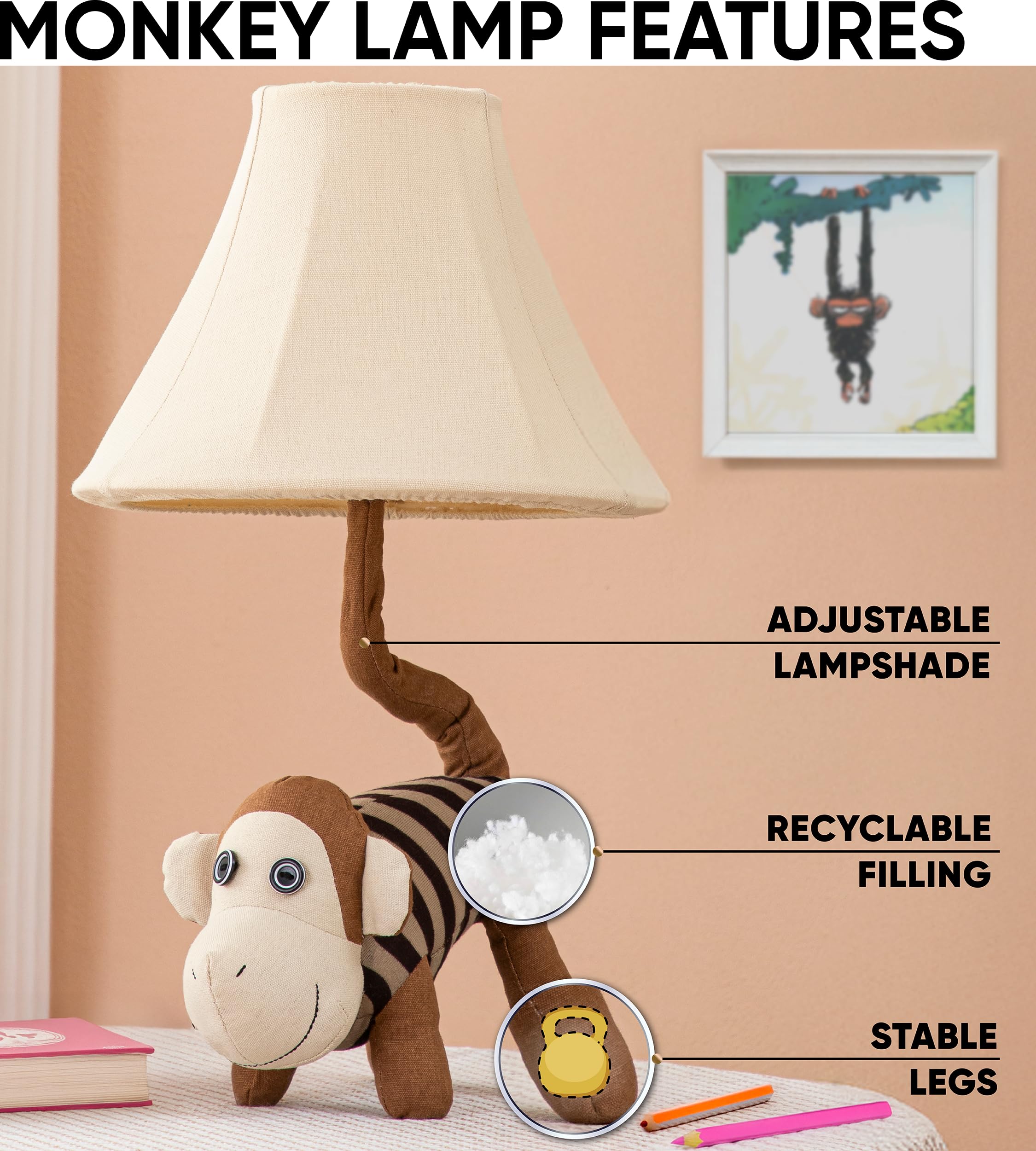 Lampa Monkey Kids do sypialni chłopców - 50 cm, lampa ze zwierzętami do pokoju dziecięcego - prezenty świąteczne, prezenty urodzinowe, dla wszystkich grup wiekowych: małe dziewczynki, dzieci, wnuki w