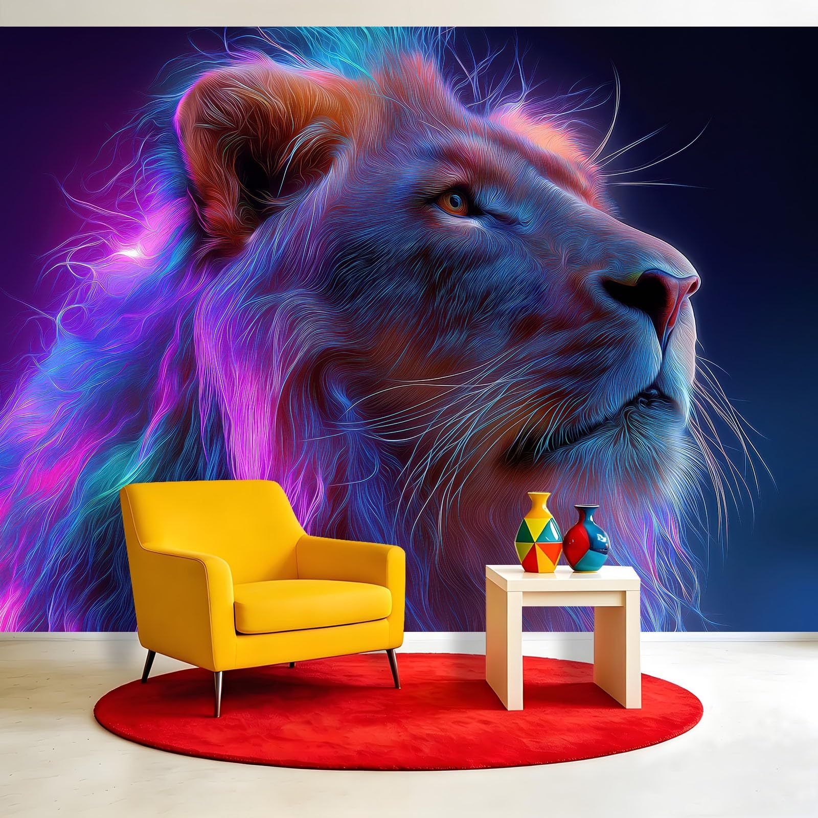 Générique Fantazyjna panoramiczna tapeta neonowa z efektem świetlnym 200 x 140 cm, tapeta z włókniny z motywem lwa, grzywa - fototapeta do salonu, sypialni i biura, dekoracja ścienna druk HD