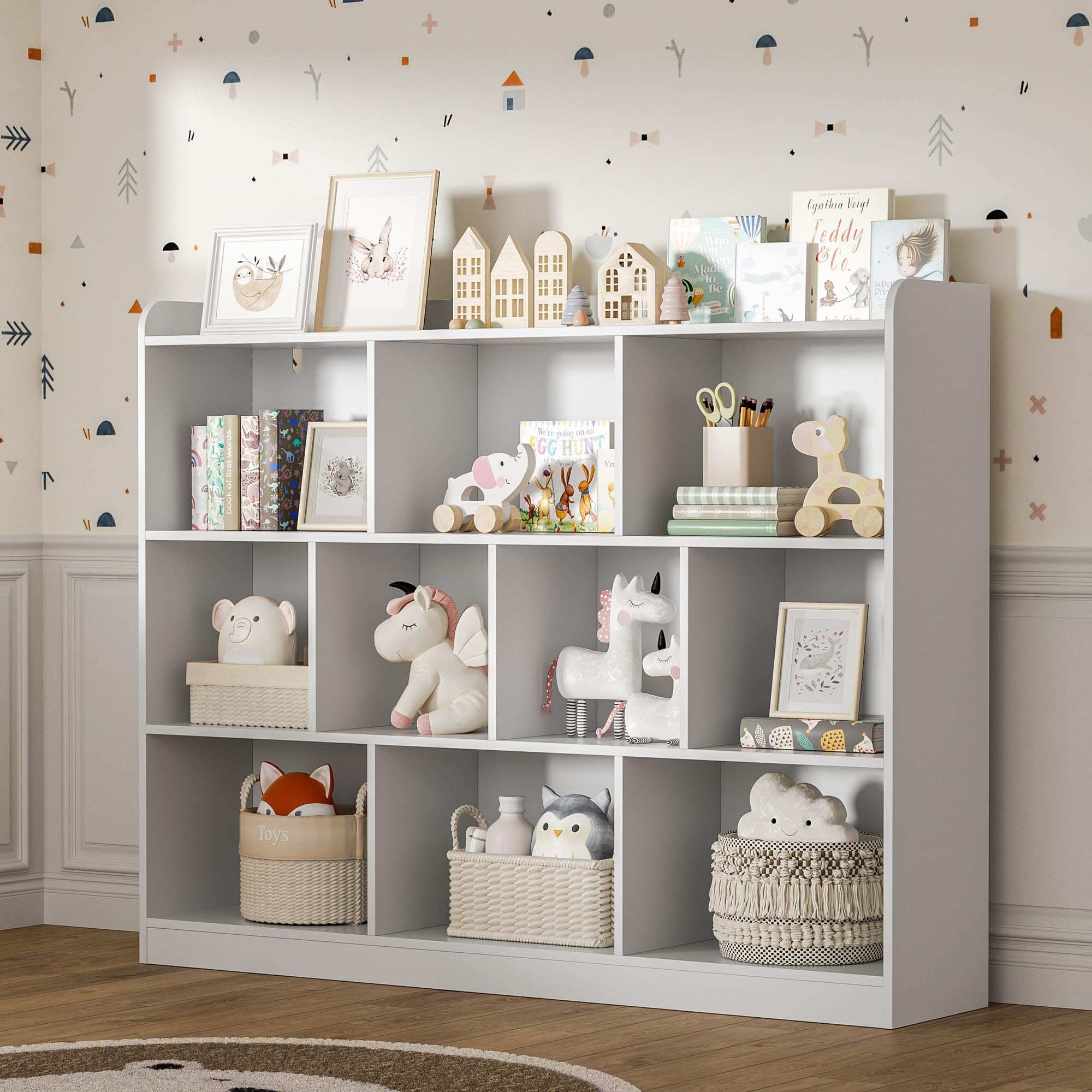 White Bookshelf, Wood Bookcase with 3 Tier Open Shelves, 10-Cube Minimalist Storage Shelf for Living Room, Bedroom, 43.3" W x 35.4" H