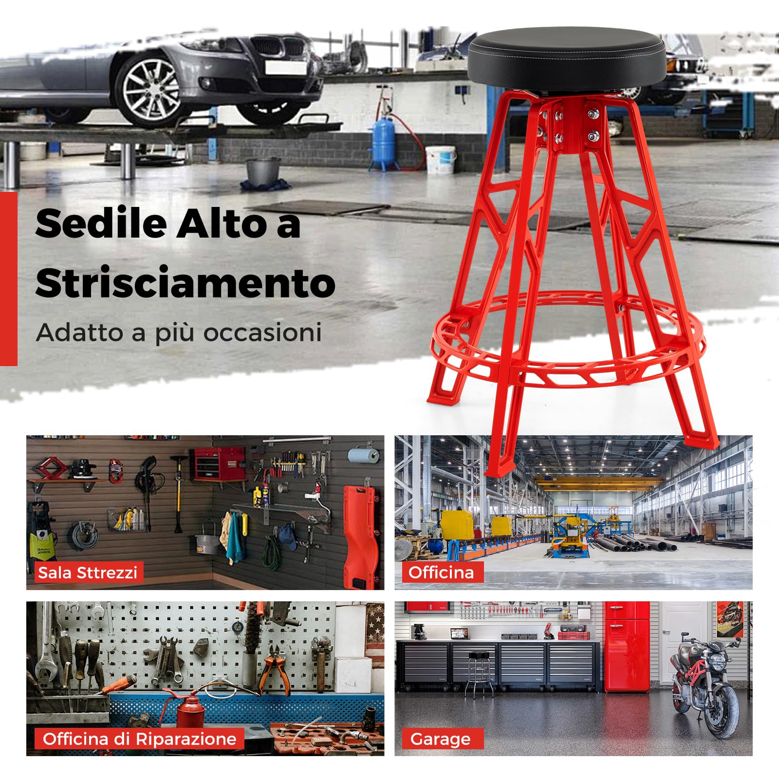 COSTWAY Sgabello da Officina, Sedia Meccanico in Metallo con Girevole a 360° e Seduta Imbottita, Capacità di 182 kg, Sgabello Alto da Lavoro con Poggiapiedi per Garage e Officina, Rosso + Nero