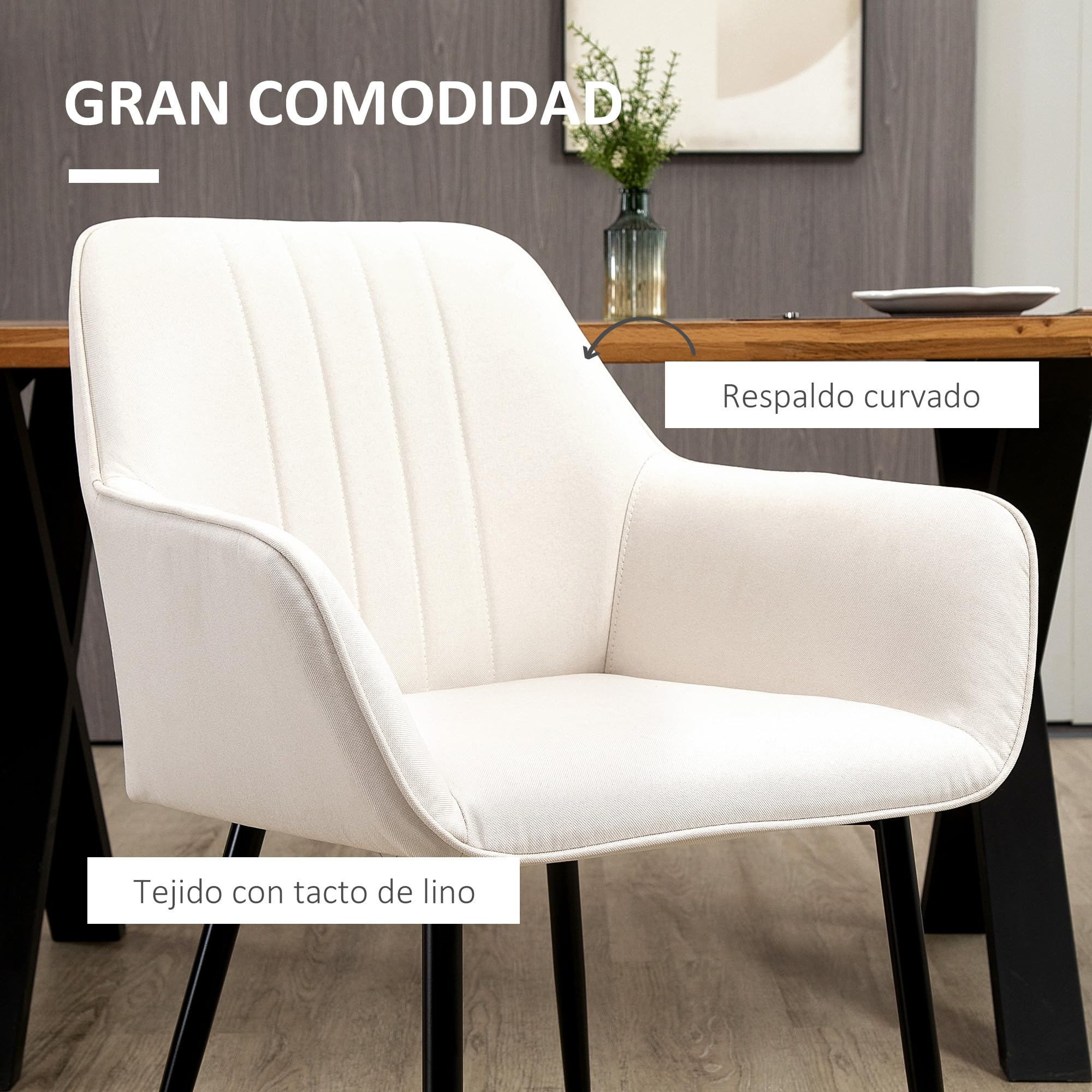 HOMCOM Pack de 2 Sillas de Comedor con Asiento Acolchado Beige | Sillas de Cocina Modernas, Tapizado, Respaldo Curvo, Reposabrazos, Patas de Metal, para Salón