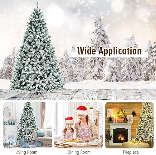Miniatura 7 de DORTALA Árbol de Navidad preiluminado, árbol de Navidad artificial flocado de nieve de 8 pies con 1502 puntas de rama, 650 luces LED, soporte de
