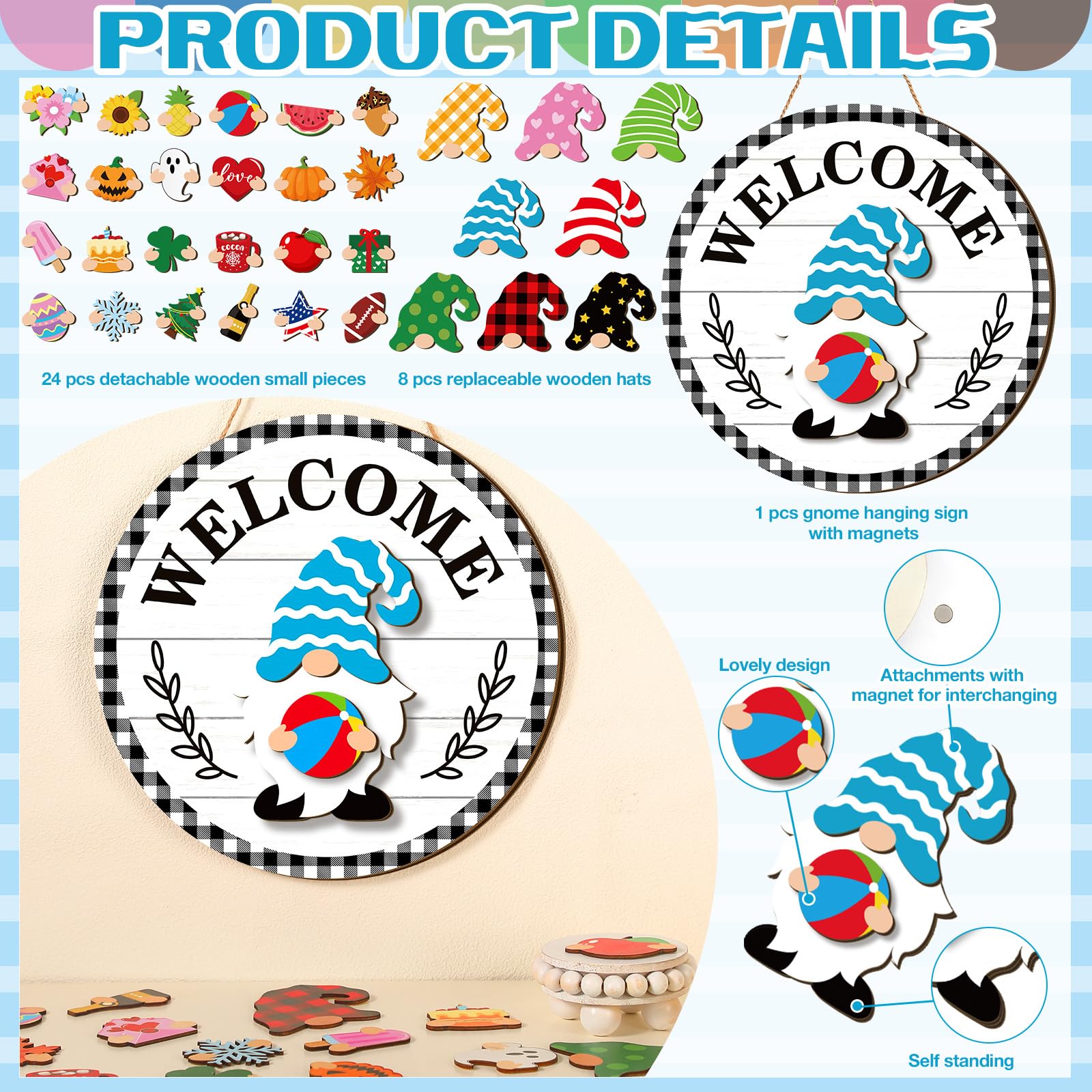 Qunclay Interchangeable fall Wooden Gnome Decor Holiday Seasonal Tiered Tray Decoration with 24 Magnet Pieces and 8 Detachable Hats Gnome Changeable Welcome Sign for Home (Vivid Style)