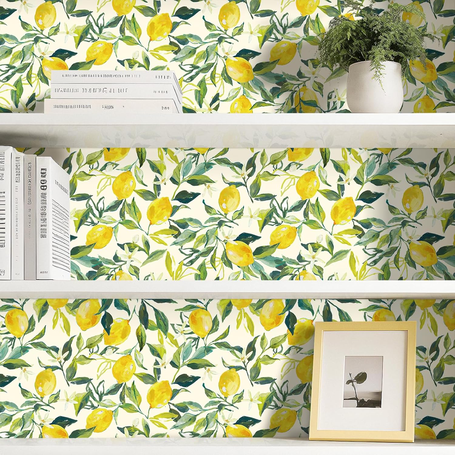 Stickyart 17.5"x276" Peel and Stick Wallpaper Fresh Citrus Lemon Removable Italian Countryside Lemon Tree Contact Paper Watercolor Cottage Core Vibrant Yellow Citrus Wall Paper for Bathroom Bedroom