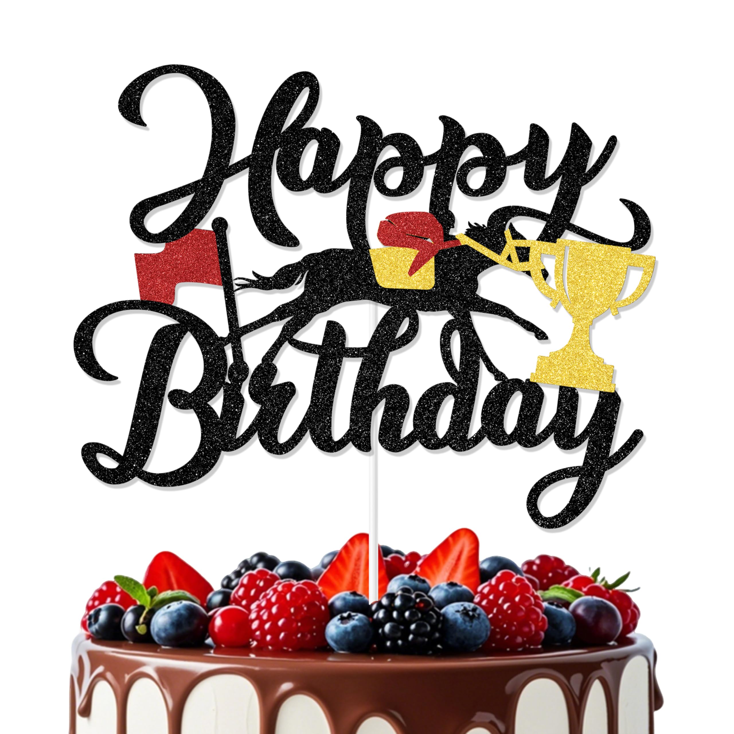 Aumccxz Derby Horse Theme Happy Birthday Cake Topper Horse Birthday Decorations Sports Equestrian Baby Shower Decorations Black Gold & Red