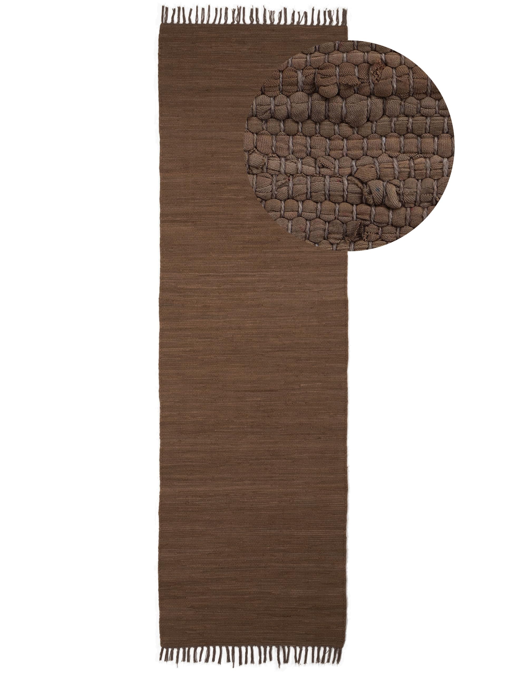 carpetfine Flickenteppich Kelim Chindi Uni Läufer Braun 70x240 cm, handgewebt | Fleckerlteppich aus Baumwolle für Wohnzimmermit Fransen